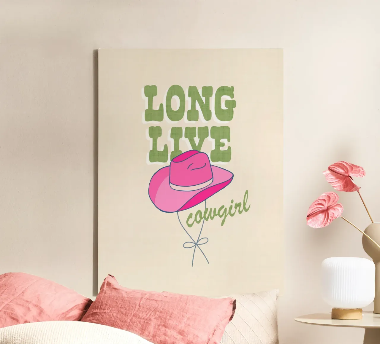 Typographic "Long Live Cowgirl Vibes on pastel Ivory canvas with Floater frame by Dominique Vari Words
