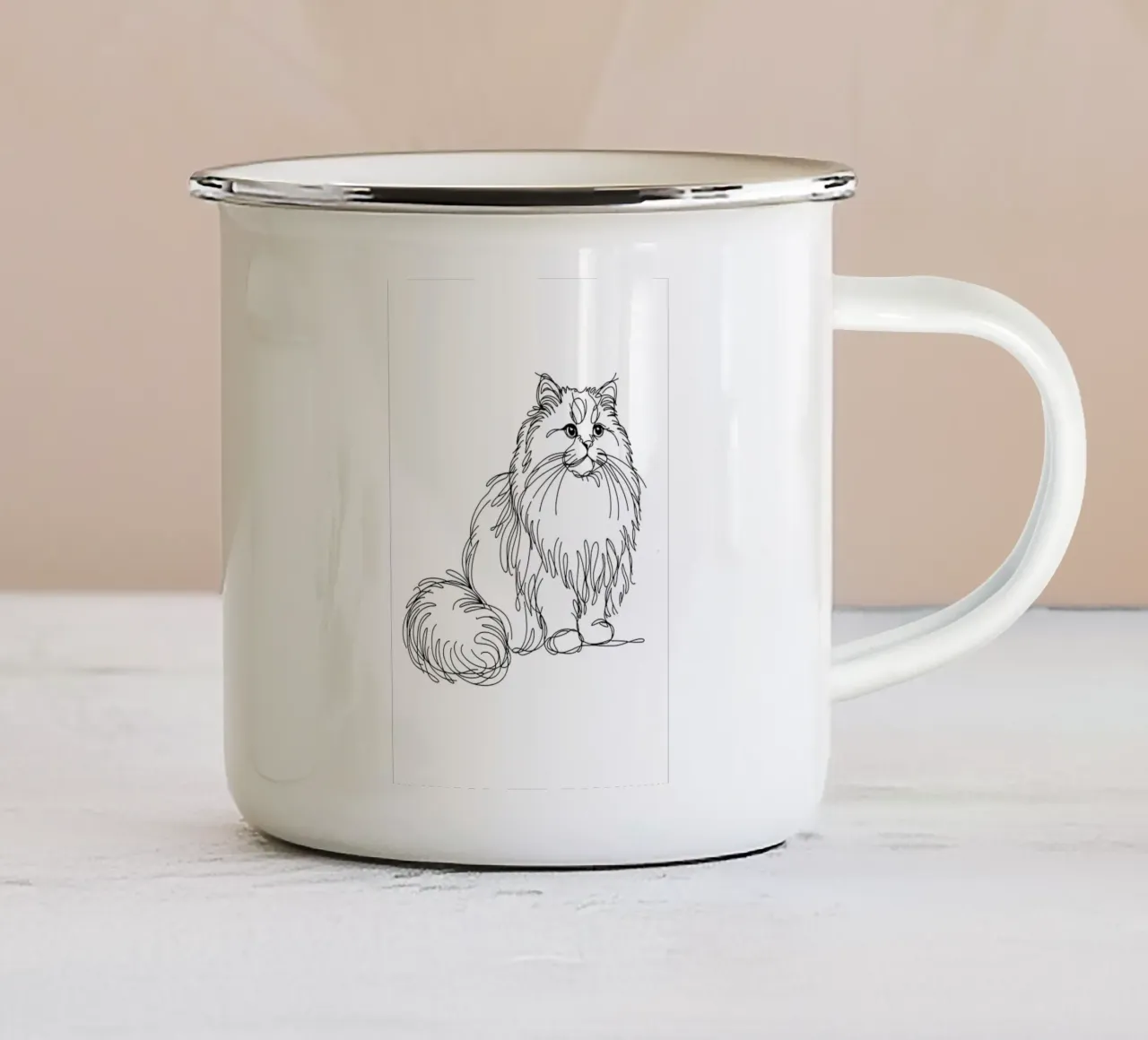 Long-haired Cat Line Art Drawing enamel mug by WijdevenDesign