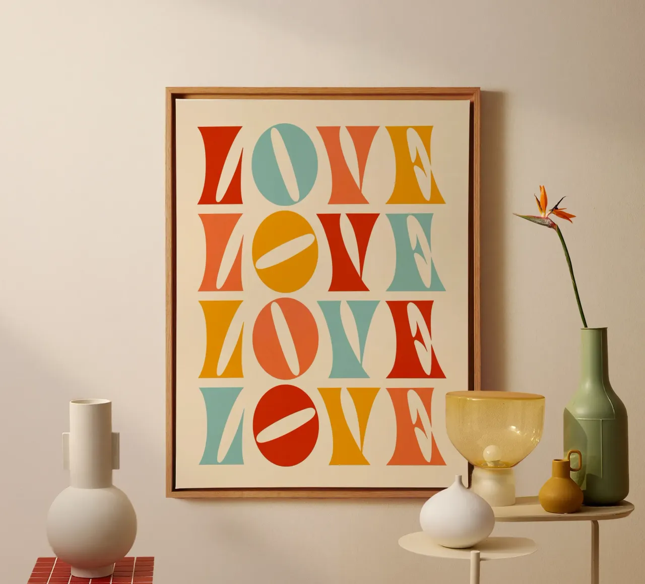 Retro "Love" Herhaling - Typografisch Rood, Oranje, Geel, canvas met Baklijst van Dominique Vari Words