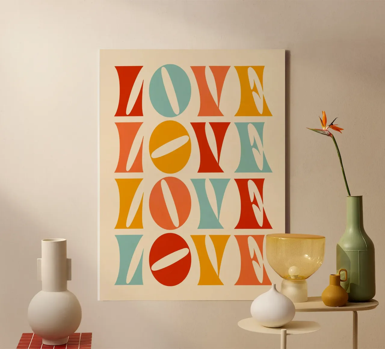 Retro "Love" Herhaling - Typografisch Rood, Oranje, Geel, canvas met Baklijst van Dominique Vari Words