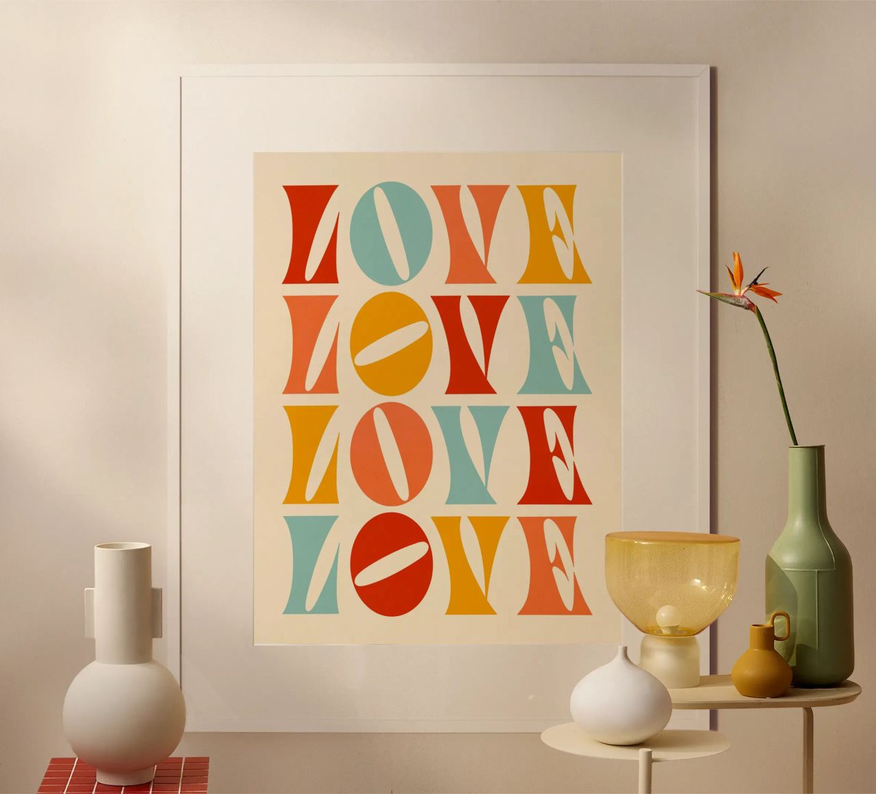 Retro "Love" Repeat - Typografisch Rot, Orange, Gelb, Poster von Dominique Vari Words