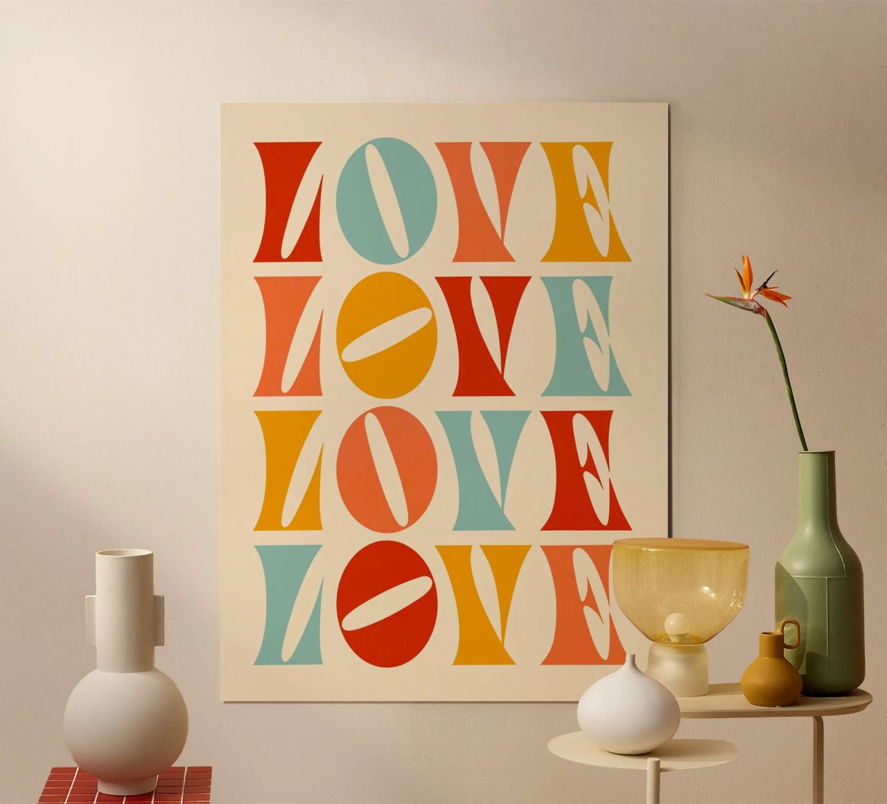 Retro "Love" Repeat - Typografisch Rot, Orange, Gelb, Poster von Dominique Vari Words