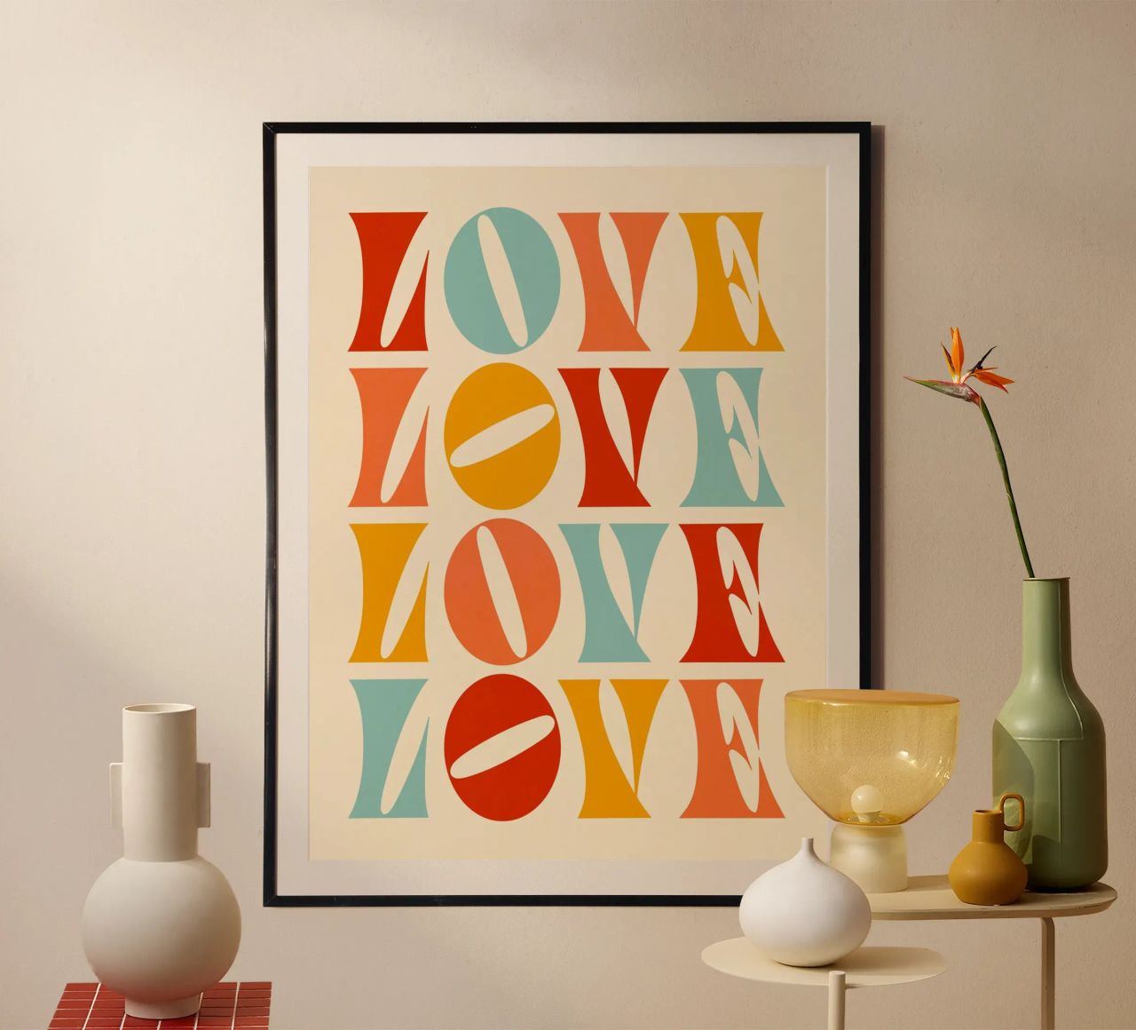 Retro "Love" Repeat - Typografisch Rot, Orange, Gelb, Poster von Dominique Vari Words