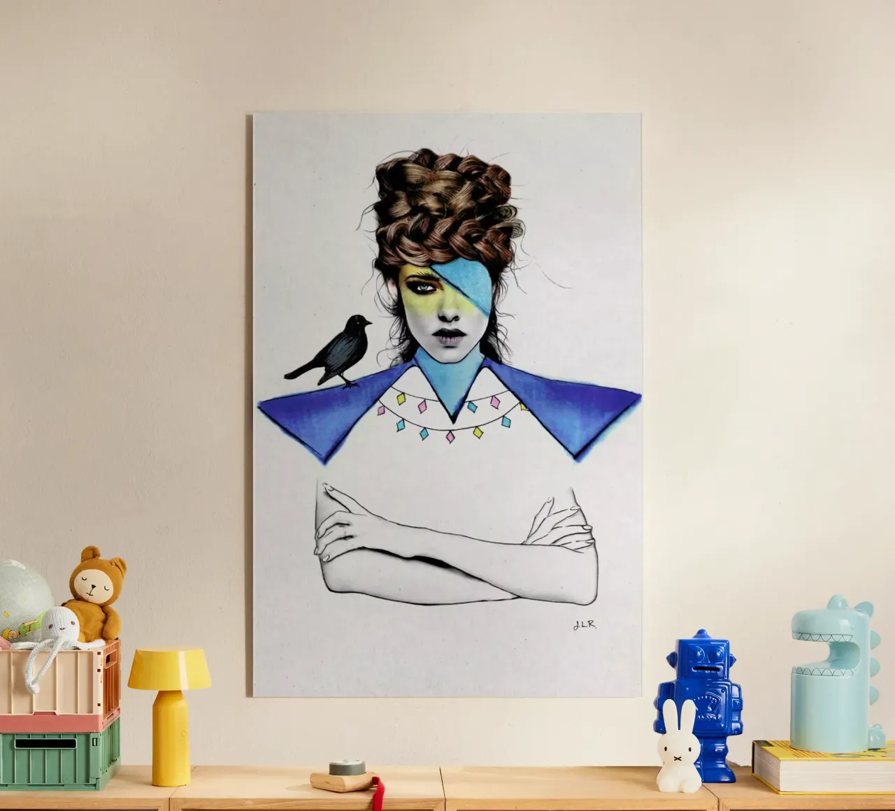 Blue Girl Black Bird acrylic glass by Jenny Liz Rome