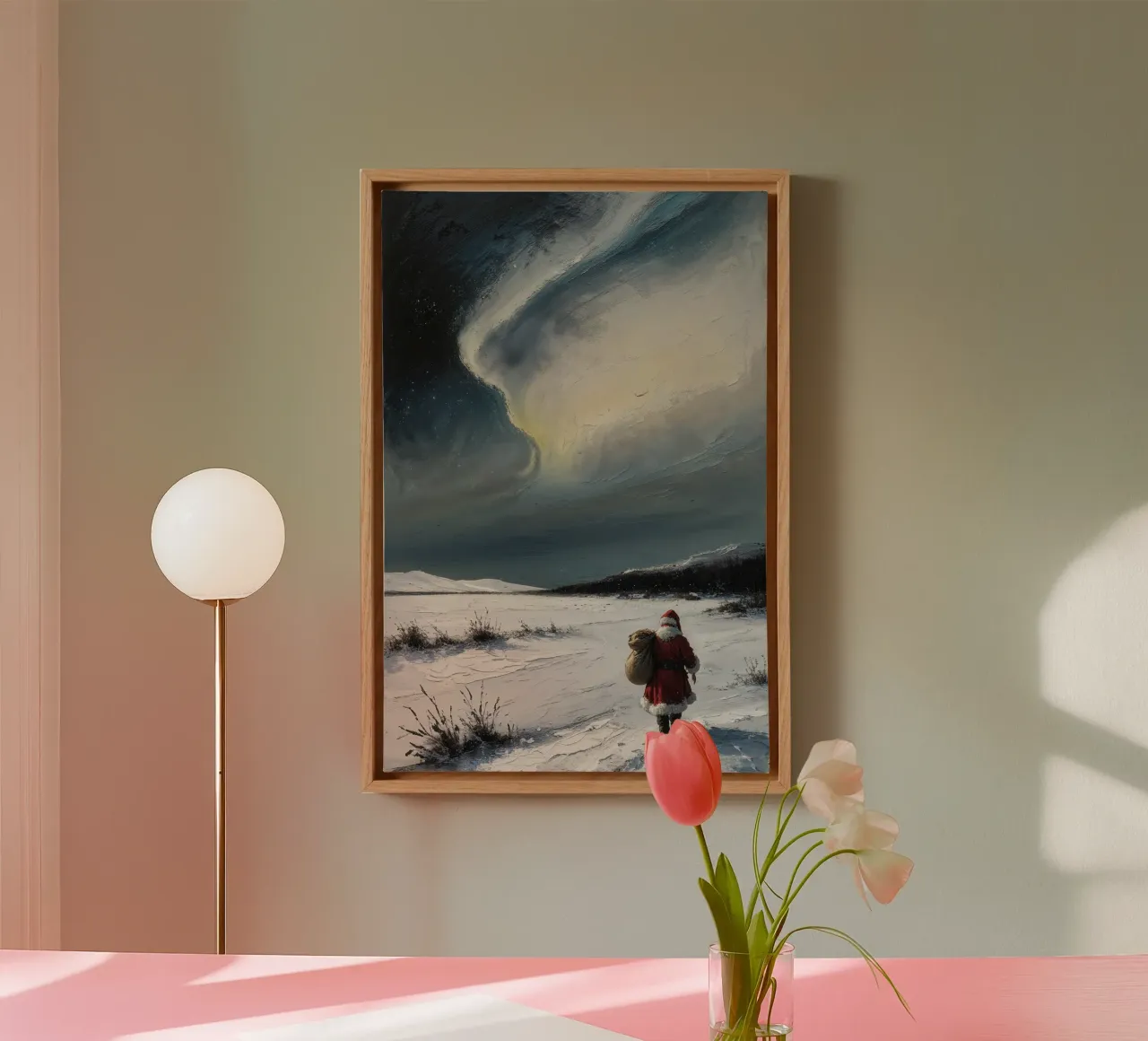 Kerstman onder het noorderlicht, winterlandschap canvas met Baklijst van AlbertKlee