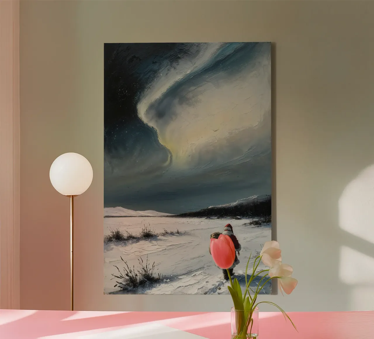 Kerstman onder het noorderlicht, winterlandschap canvas met Baklijst van AlbertKlee