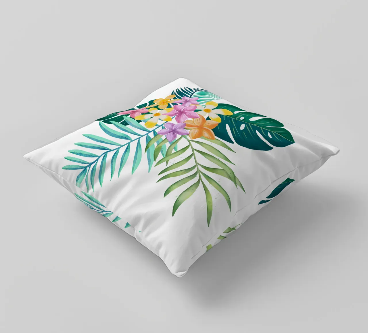 Sogno tropicale. Monstera, foglie di palma, fiori di plumeria. Esotico cuscino da CalliLetters
