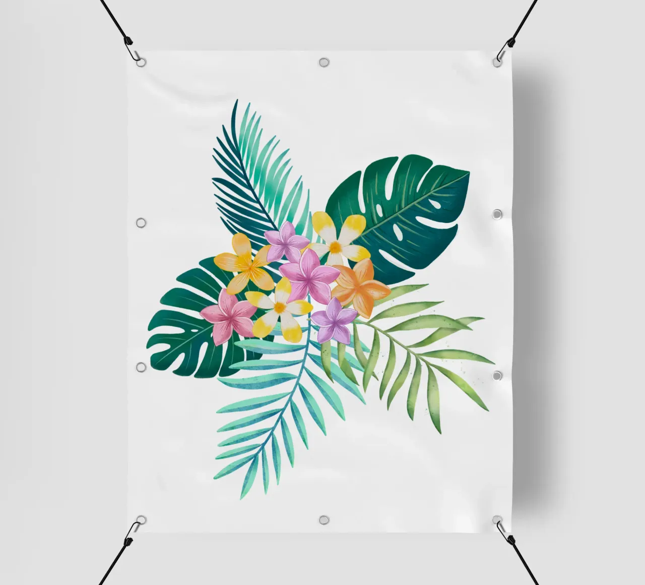 Sogno tropicale. Monstera, foglie di palma, fiori di plumeria. Esotico telo in pvc da CalliLetters