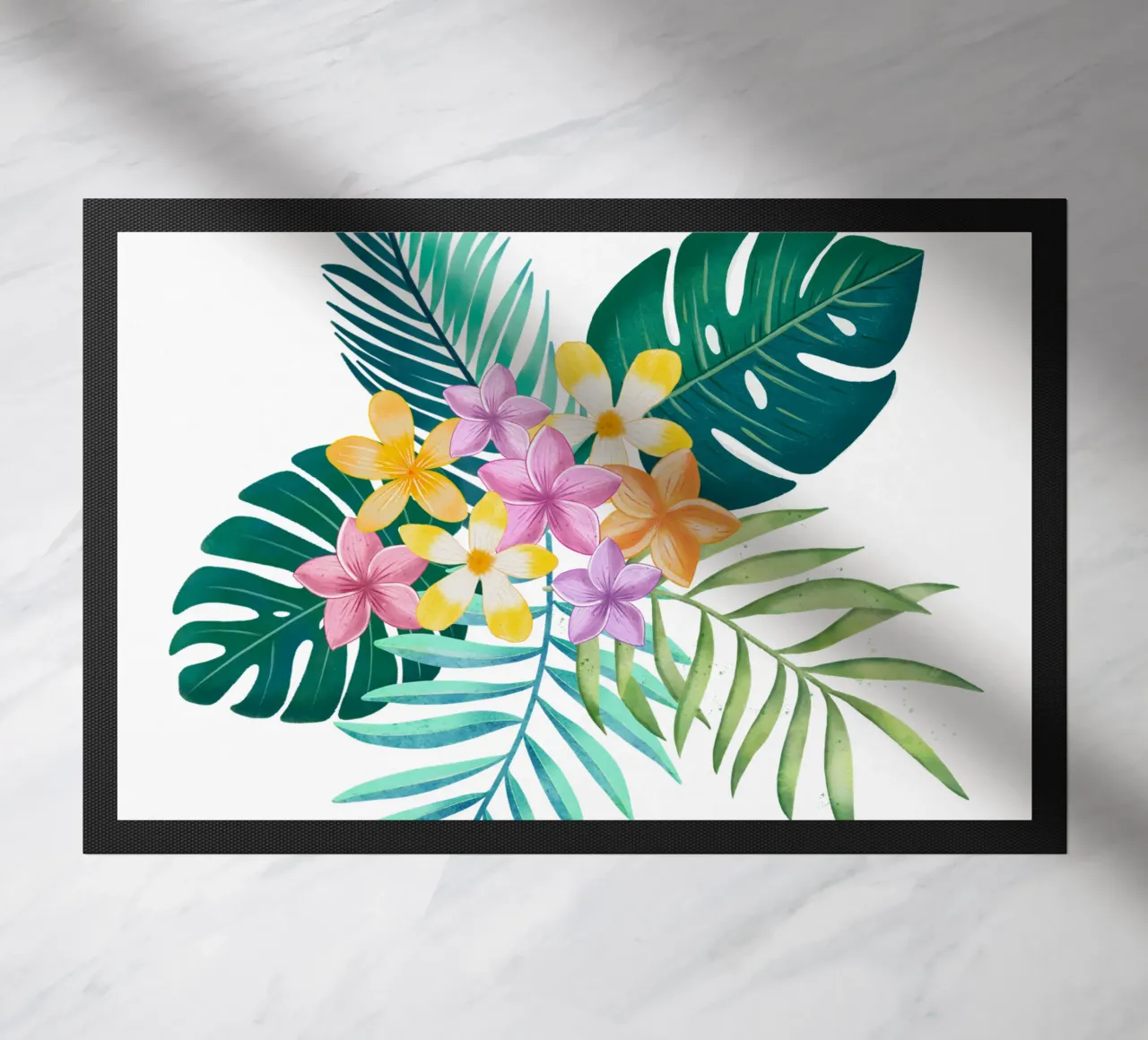 Sogno tropicale. Monstera, foglie di palma, fiori di plumeria. Esotico zerbino da CalliLetters