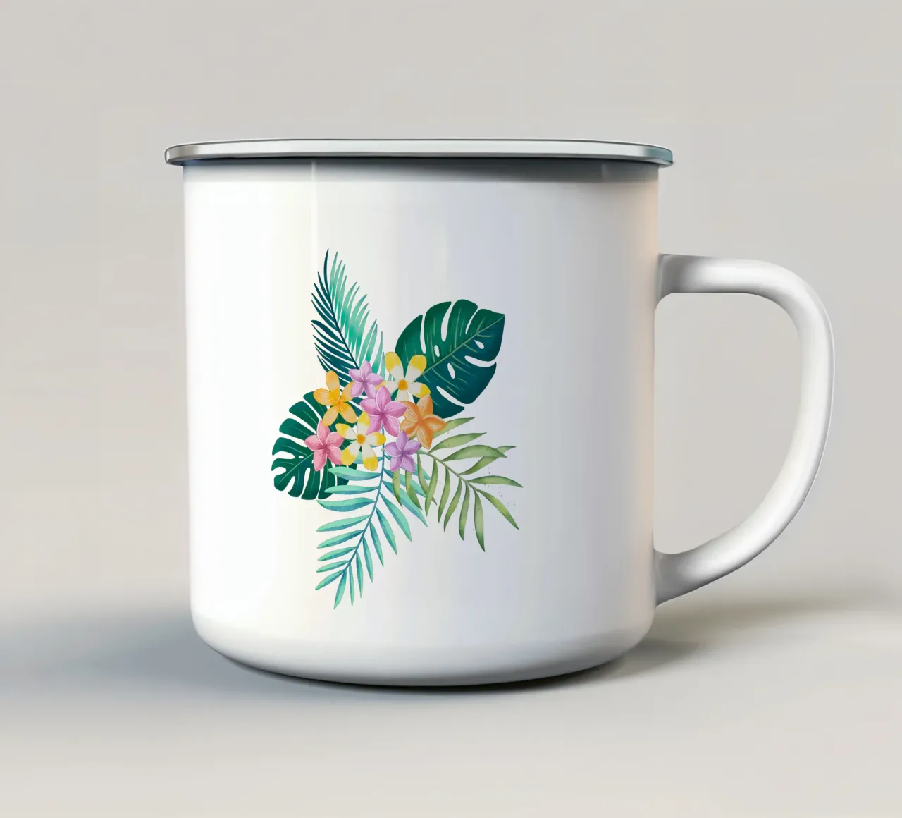 Sogno tropicale. Monstera, foglie di palma, fiori di plumeria. Esotico tazza in smalto da CalliLetters