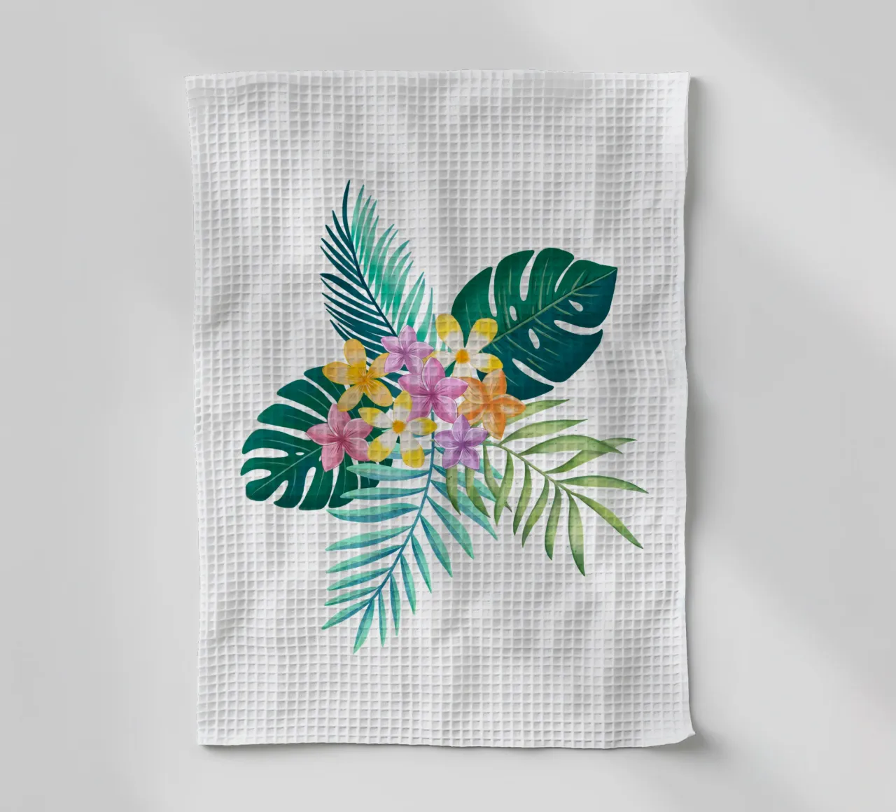Sogno tropicale. Monstera, foglie di palma, fiori di plumeria. Esotico canovaccio da cucina da CalliLetters
