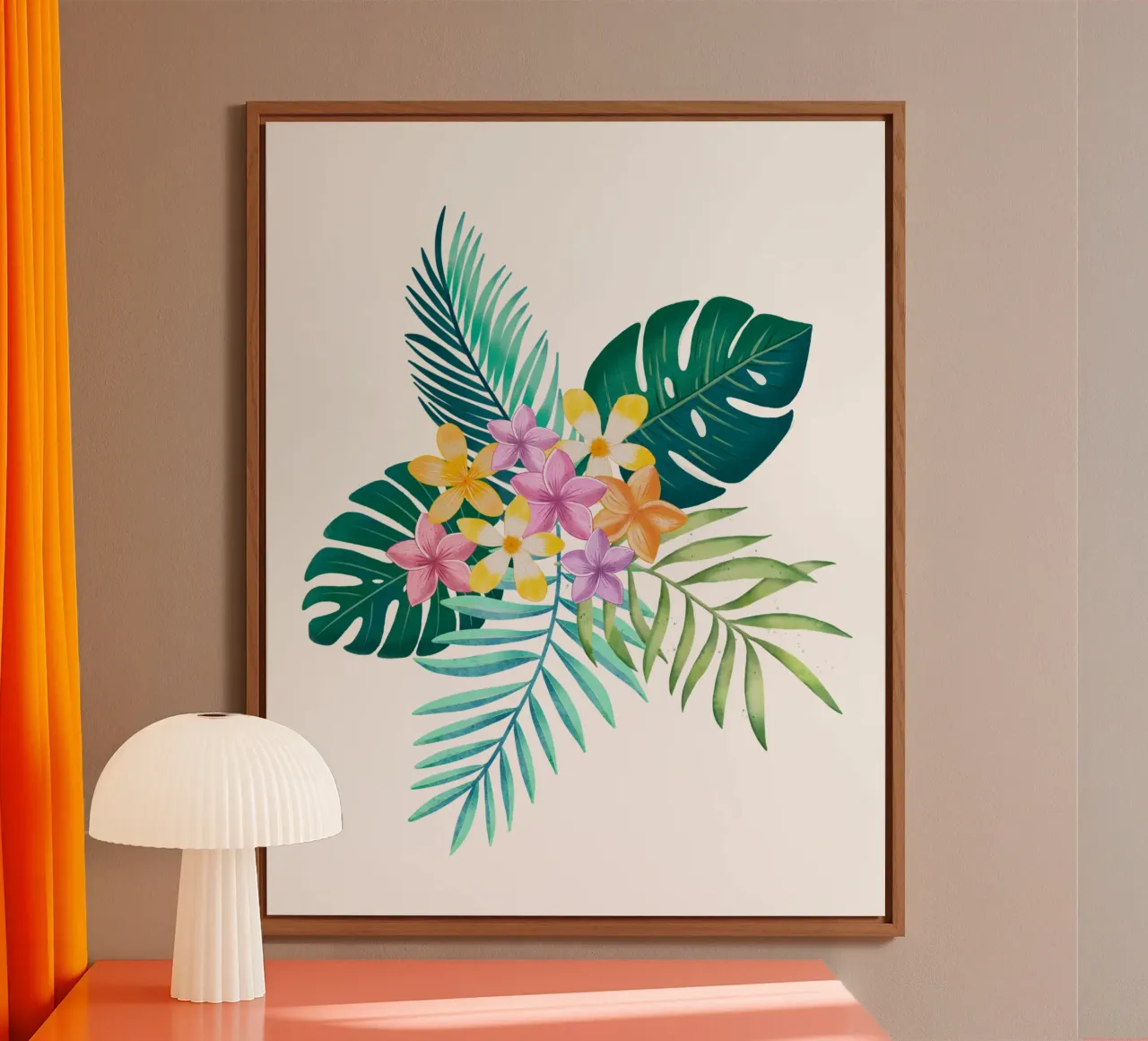 Sogno tropicale. Monstera, foglie di palma, fiori di plumeria. Esotico alluminio dibond da CalliLetters
