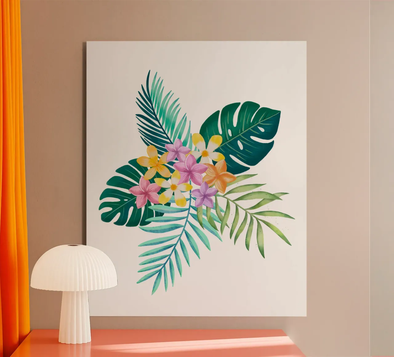 Sogno tropicale. Monstera, foglie di palma, fiori di plumeria. Esotico alluminio dibond da CalliLetters
