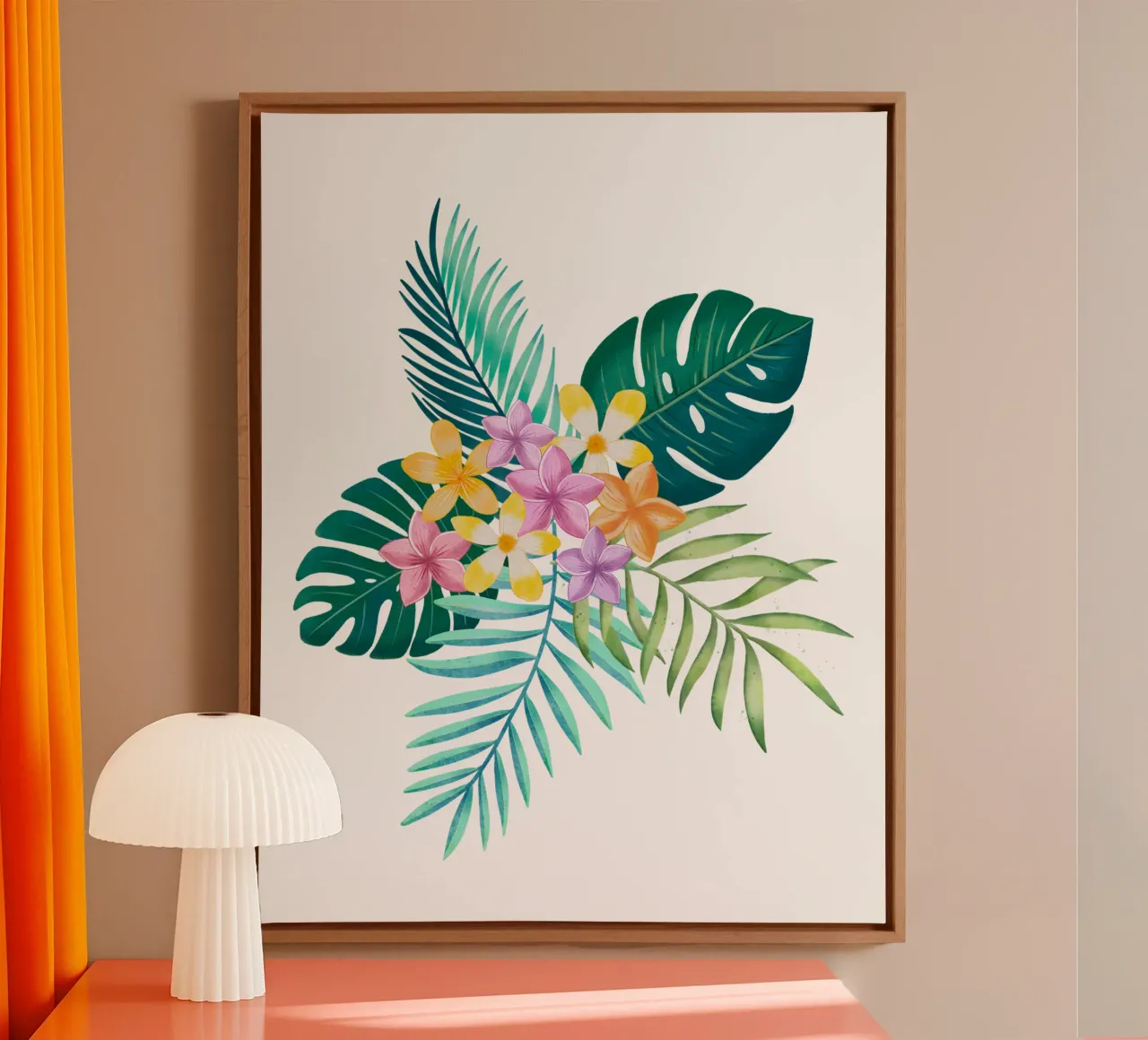 Sogno tropicale. Monstera, foglie di palma, fiori di plumeria. Esotico tela con Cornice a cassetta da CalliLetters
