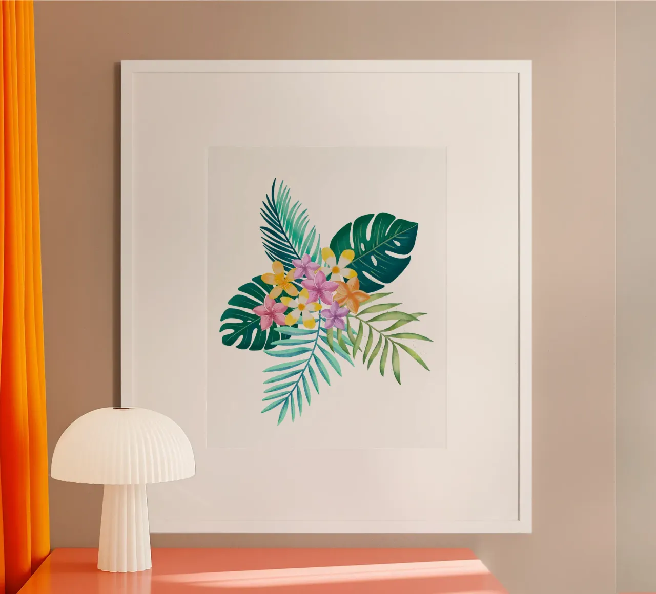 Sogno tropicale. Monstera, foglie di palma, fiori di plumeria. Esotico poster con telaio in plastica da CalliLetters