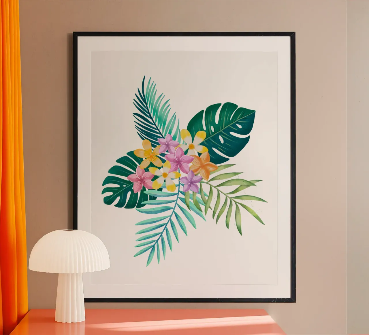 Sogno tropicale. Monstera, foglie di palma, fiori di plumeria. Esotico poster con telaio in plastica da CalliLetters