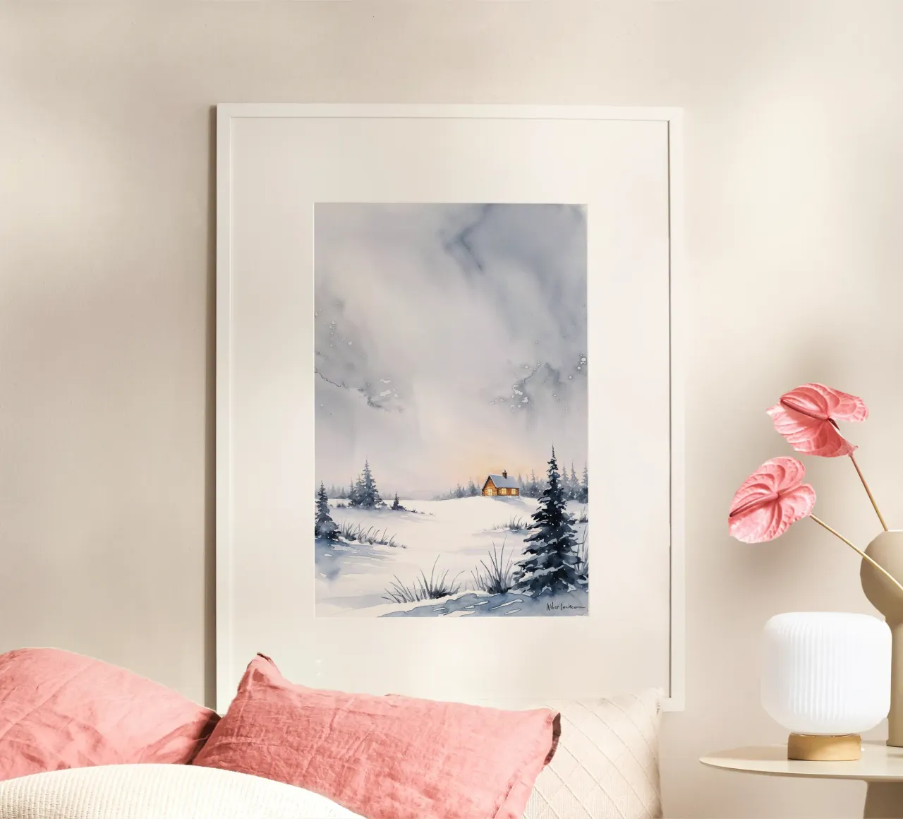 Impression d'art d'un chalet d'hiver paisible, aquarelle d'un paysage enneigé poster de AlbertKlee