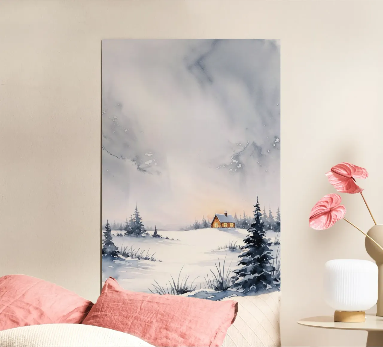 Impression d'art d'un chalet d'hiver paisible, aquarelle d'un paysage enneigé poster de AlbertKlee