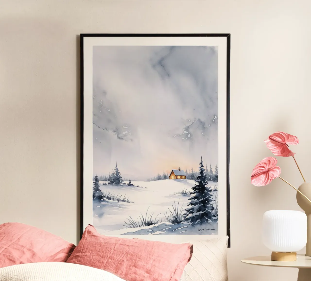 Impression d'art d'un chalet d'hiver paisible, aquarelle d'un paysage enneigé poster de AlbertKlee