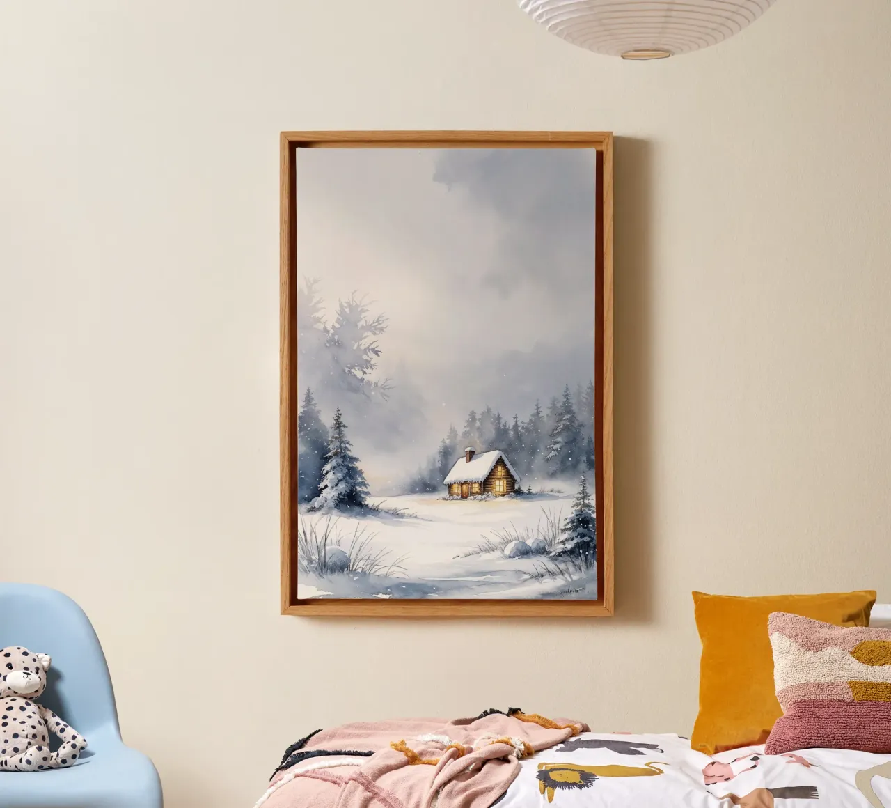 Winterhut aquarel kunstdruk, sereen sneeuwlandschap Dé canvas met Baklijst van AlbertKlee