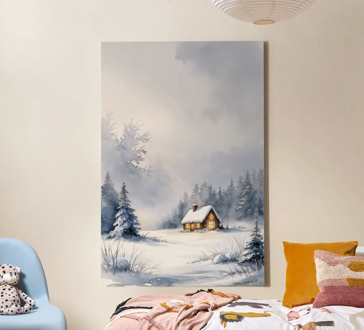Winterhut aquarel kunstdruk, sereen sneeuwlandschap Dé canvas met Baklijst van AlbertKlee