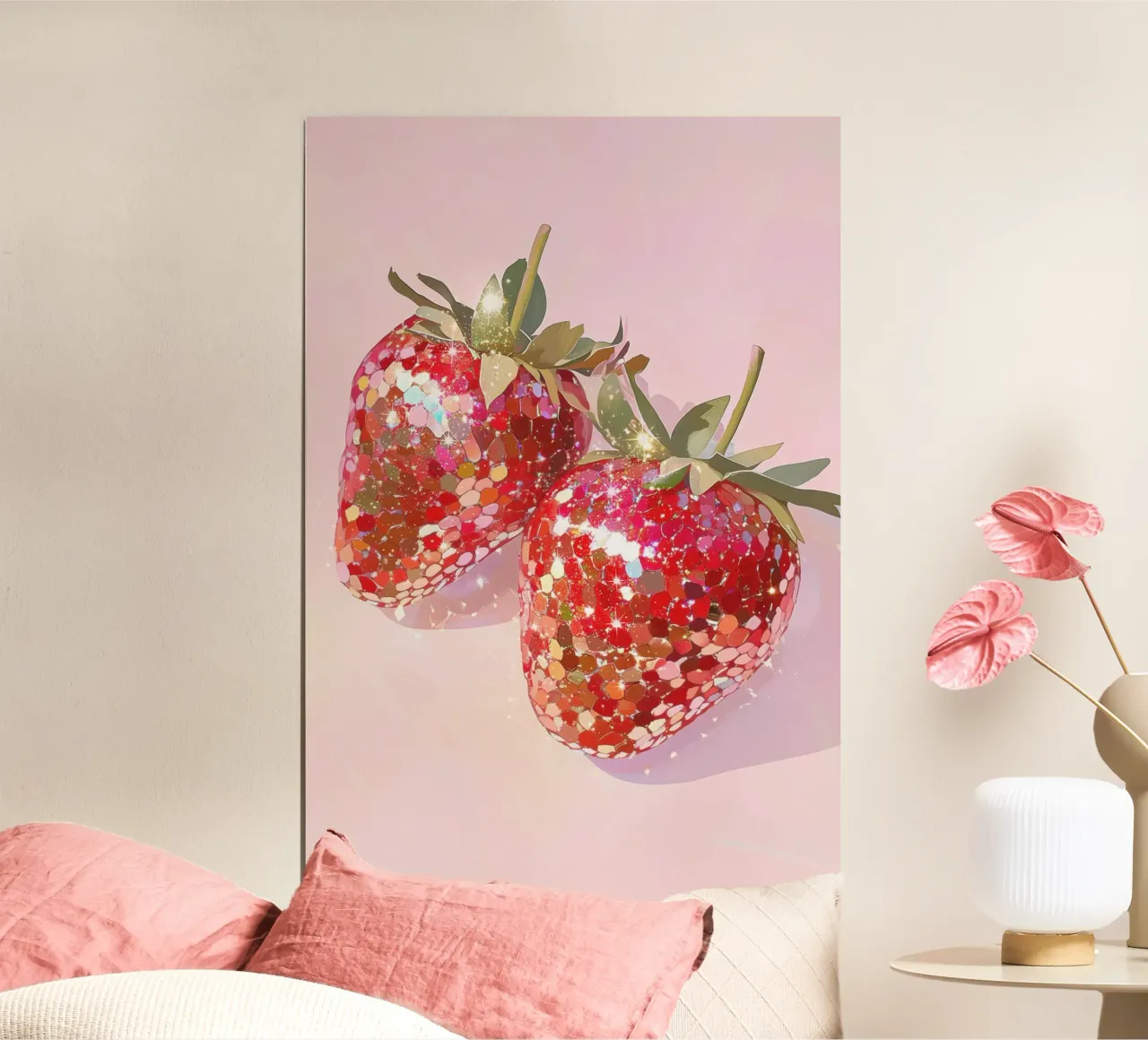 Glitzernde Erdbeerkunst Poster mit Aluminium Rahmen von Melloi Art Print