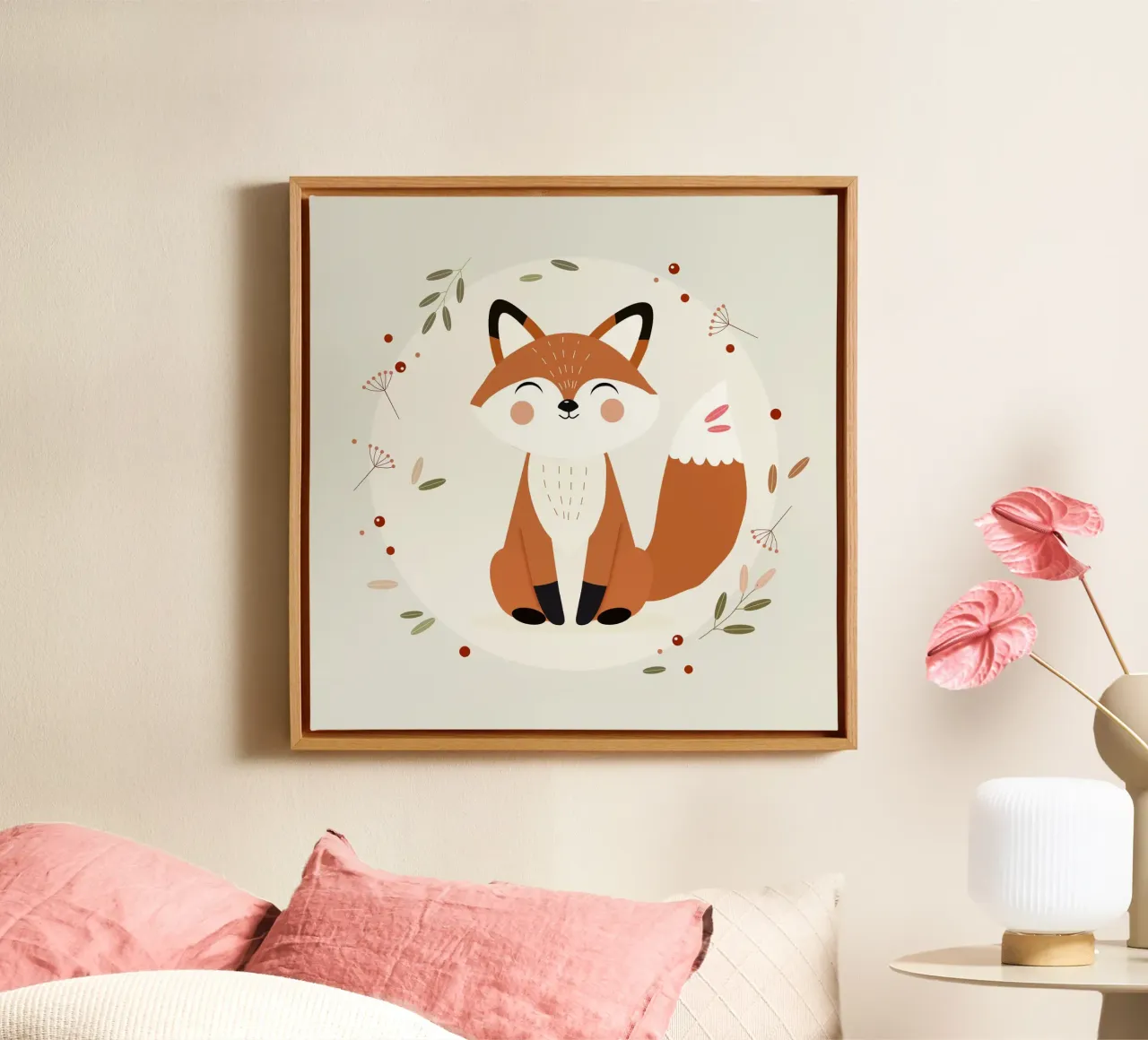 Smiling fox - Playful nature illustration canvas with Floater frame by namosh