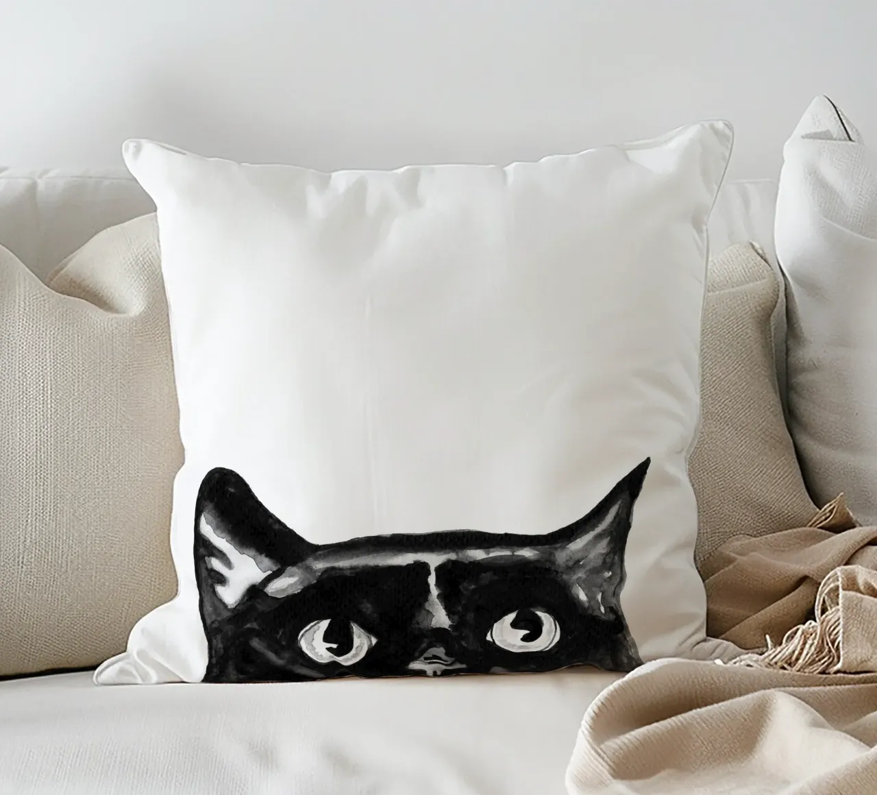 Curious black Cat decorative cushion by Illustration Raissa Oltmanns