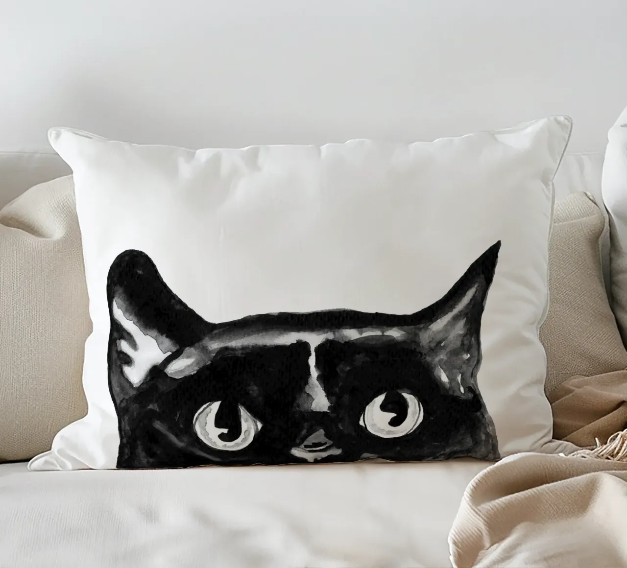 Curious black Cat decorative cushion by Illustration Raissa Oltmanns