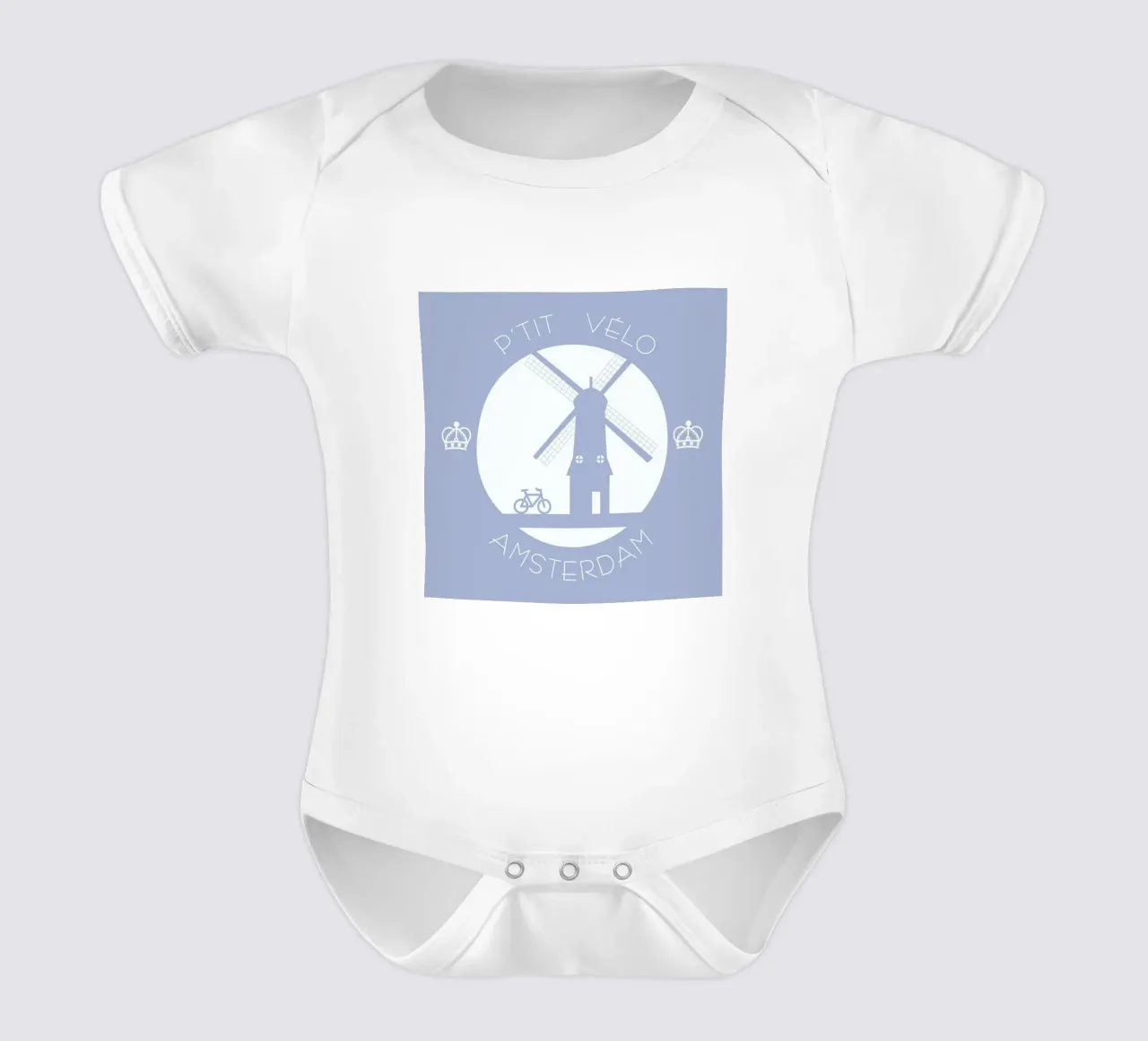 Amsterdam bleu short-sleeve baby romper by P'tit Vélo
