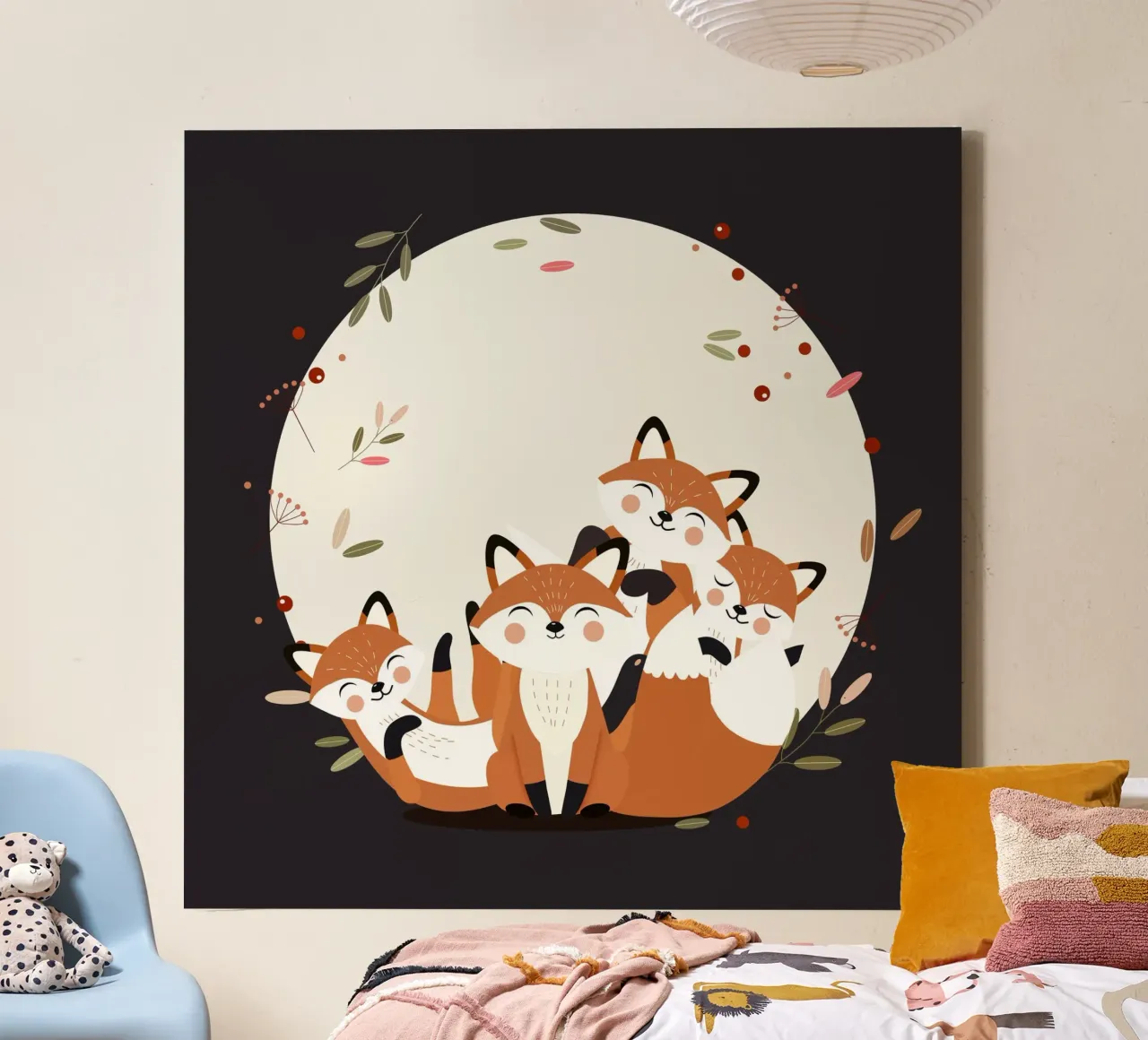 Alegre familia de zorros - Armonioso diseño de animales del bosque lienzo con Marco flotante de namosh