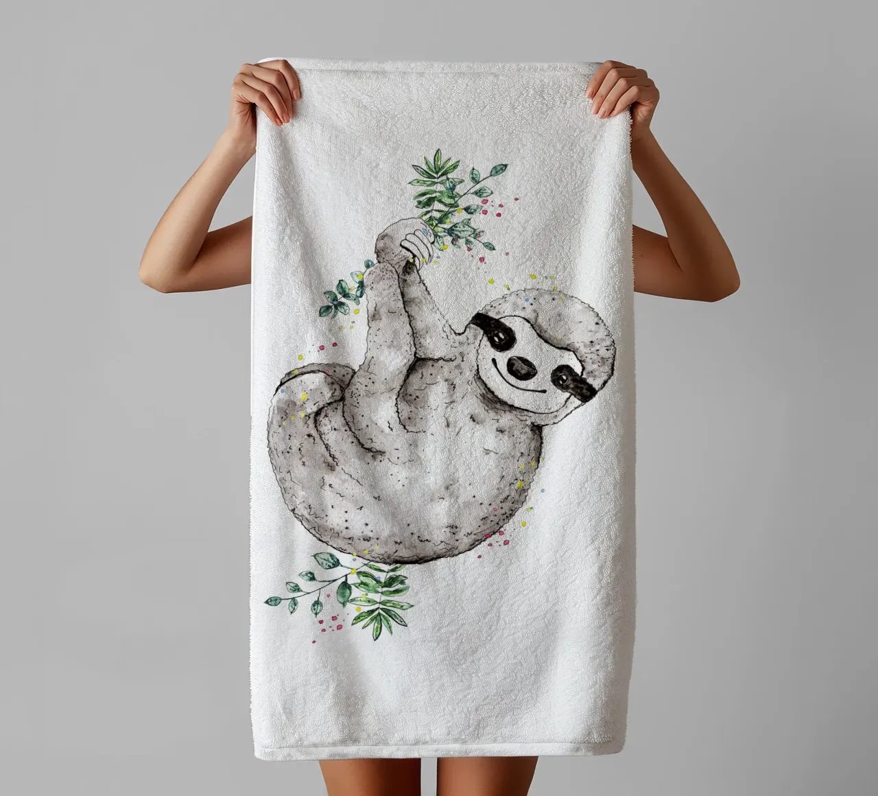 sloth just hanging around towel by Illustration Raissa Oltmanns