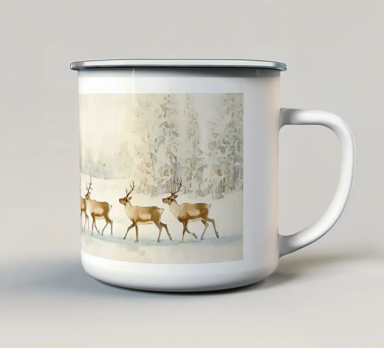 Renne in un paesaggio invernale tazza in smalto da Melloi Art Print