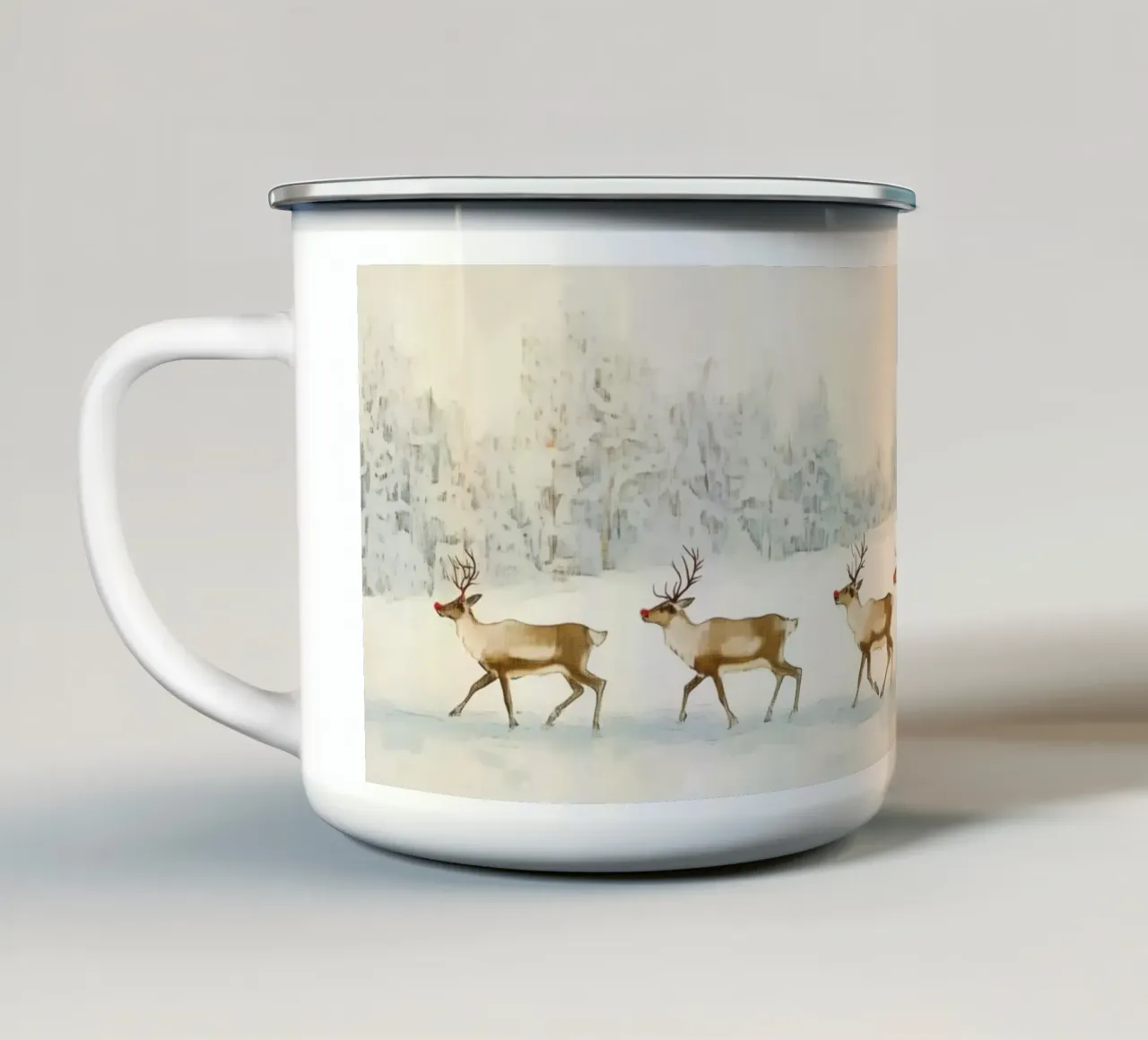 Renne in un paesaggio invernale tazza in smalto da Melloi Art Print