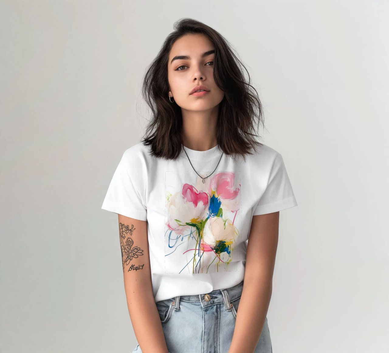 Abstrakte rosa Blumen T-Shirt von Olga Wildrose