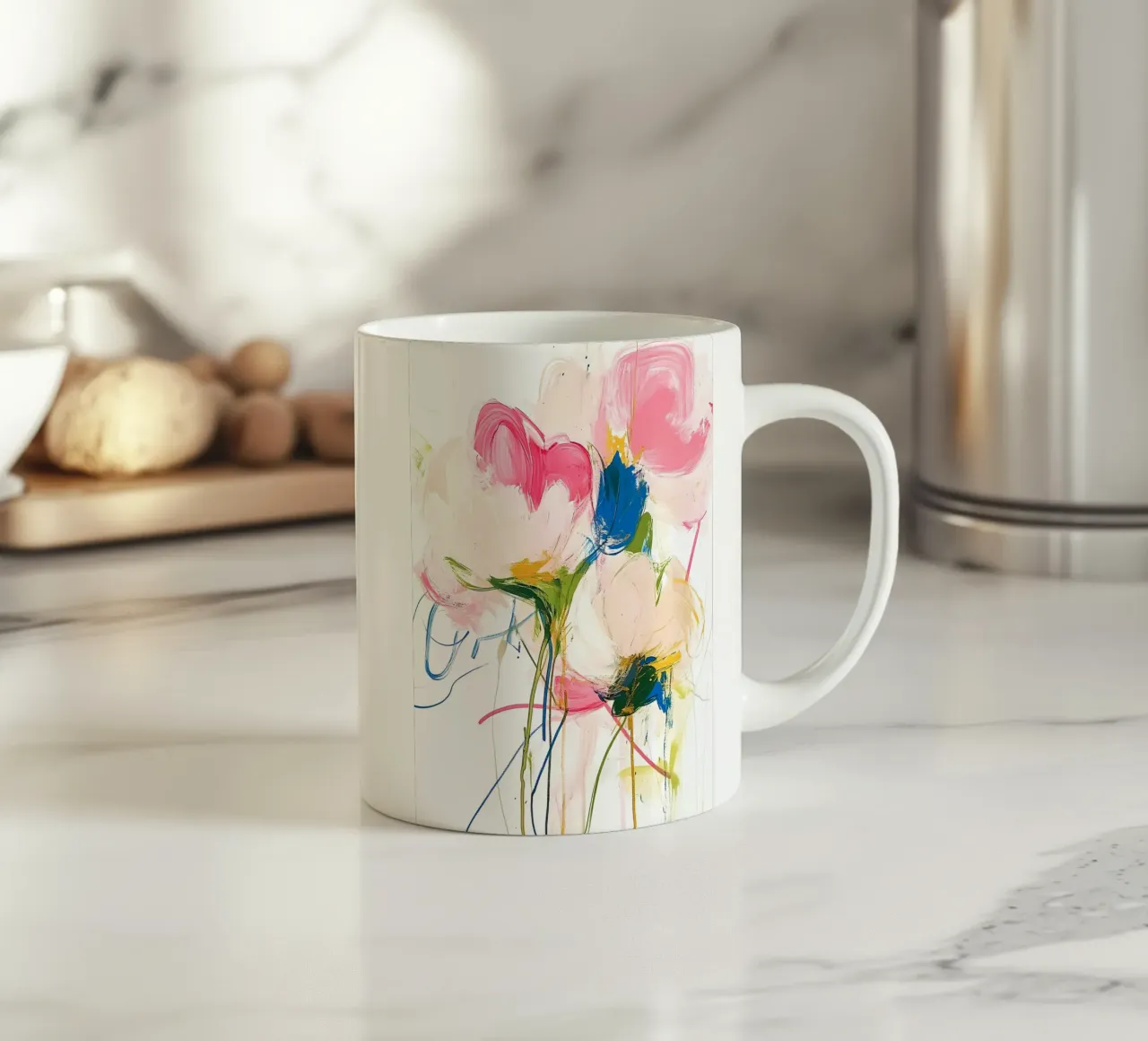 Fiori rosa astratti tazza in ceramica da Olga Wildrose