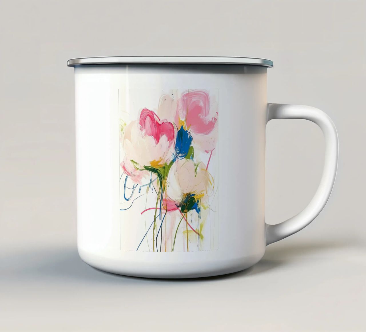 Abstrakte rosa Blumen Emaille Tasse von Olga Wildrose