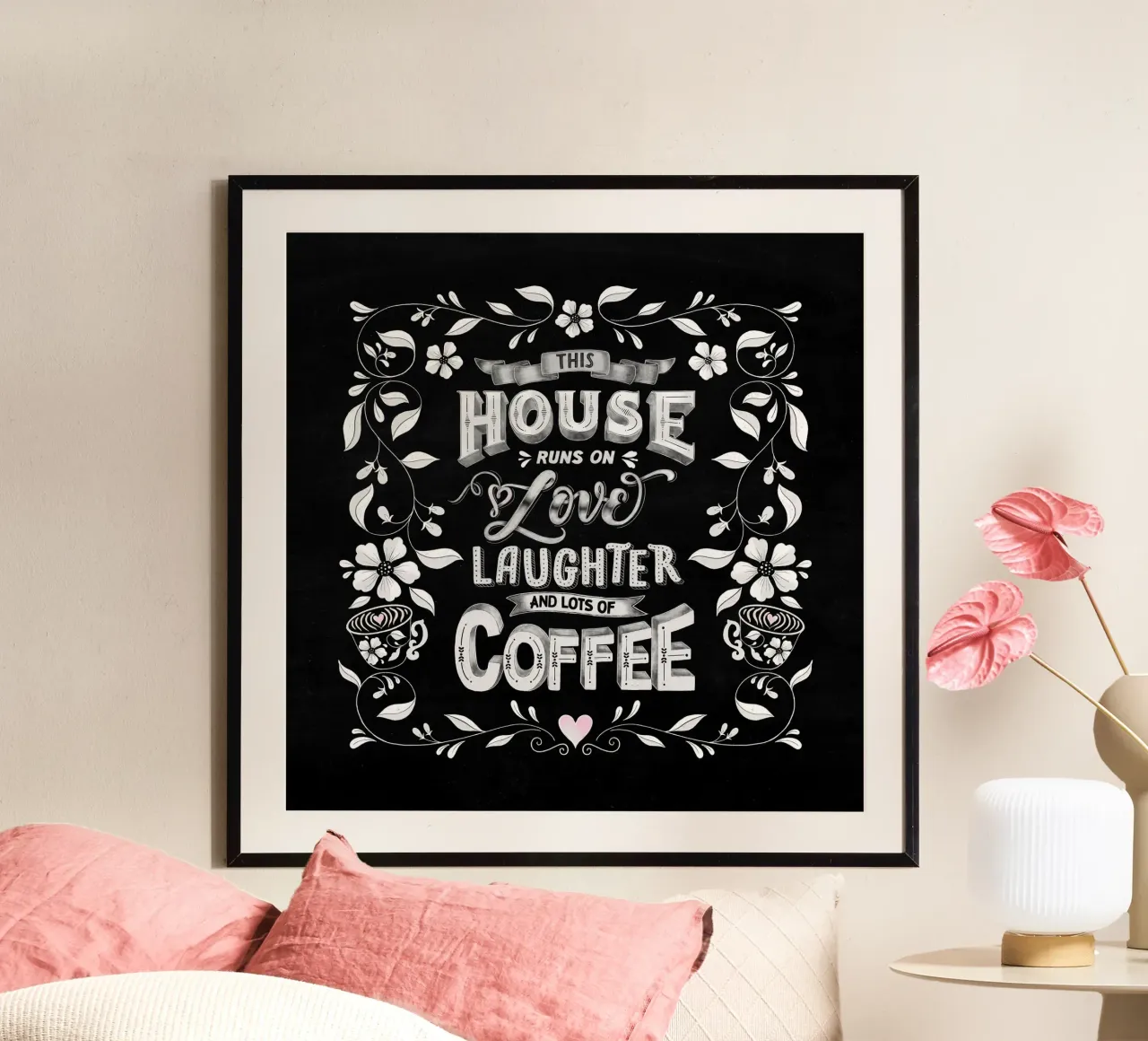 Kreide Lettering: Questa casa funziona con l'amore, le risate e il caffè carta hahnemühle da CalliLetters