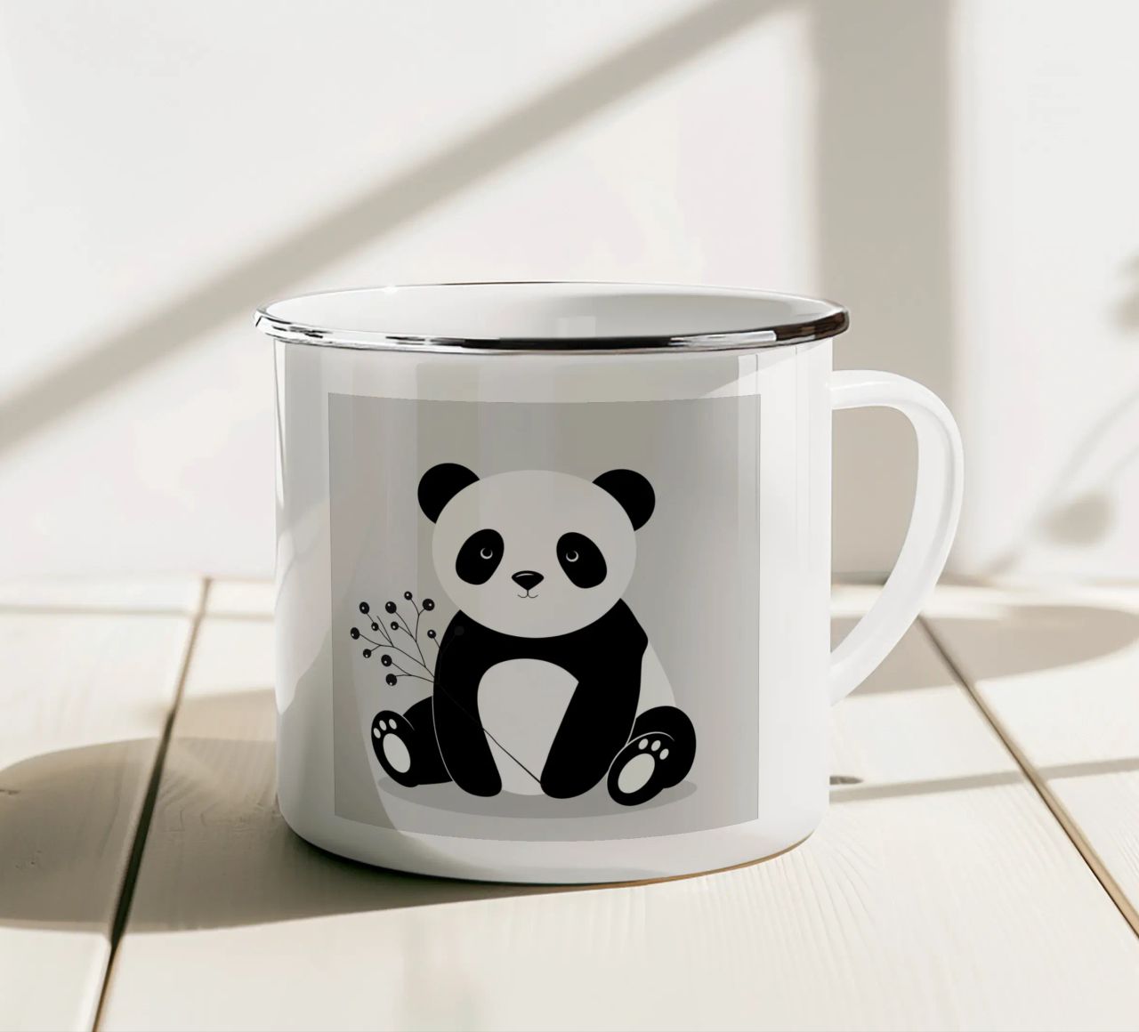 Panda minimalista, con un delicato ramo di bacche tazza in smalto da namosh