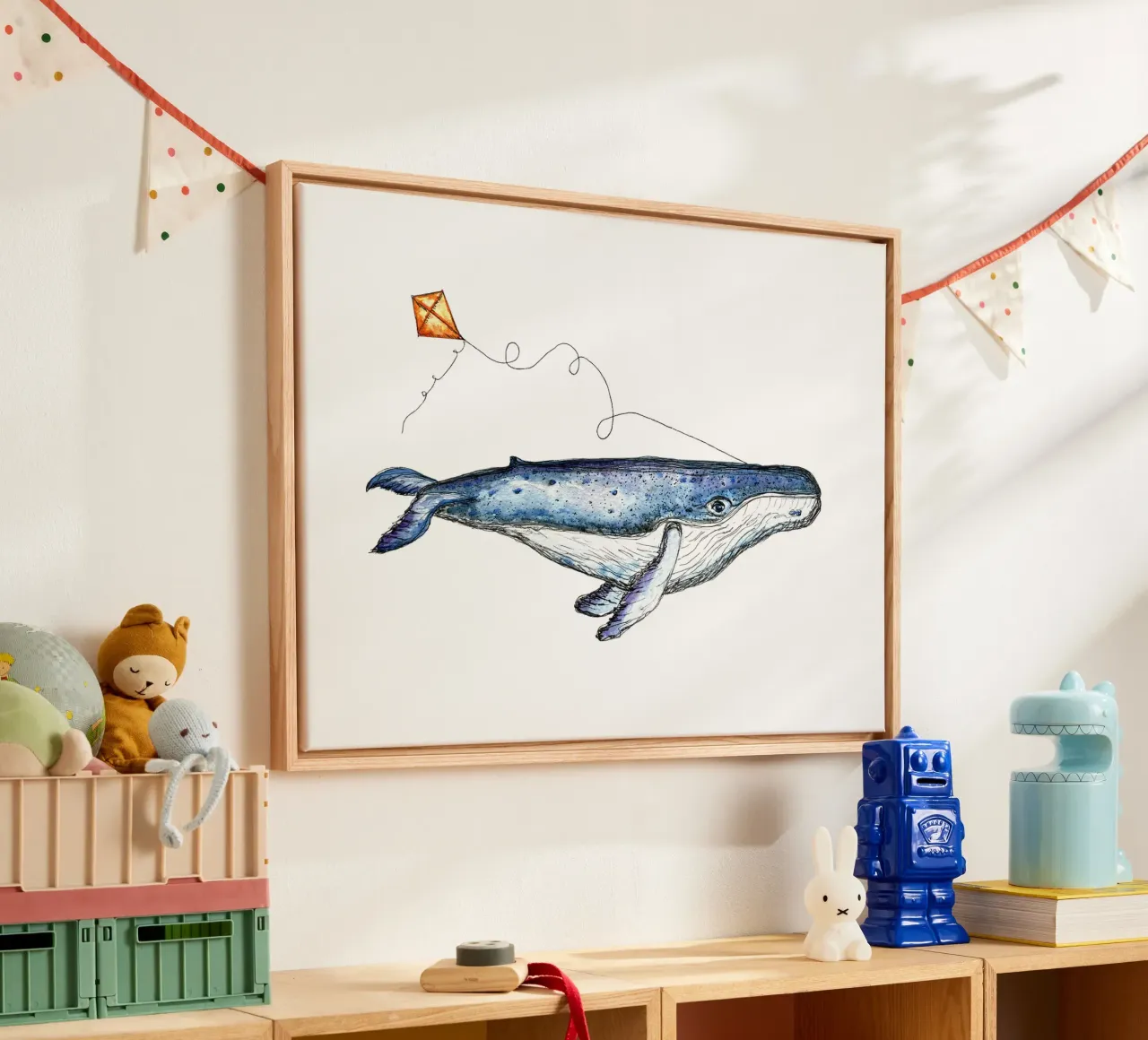 Playing Whale canvas with Floater frame by Illustration Raissa Oltmanns