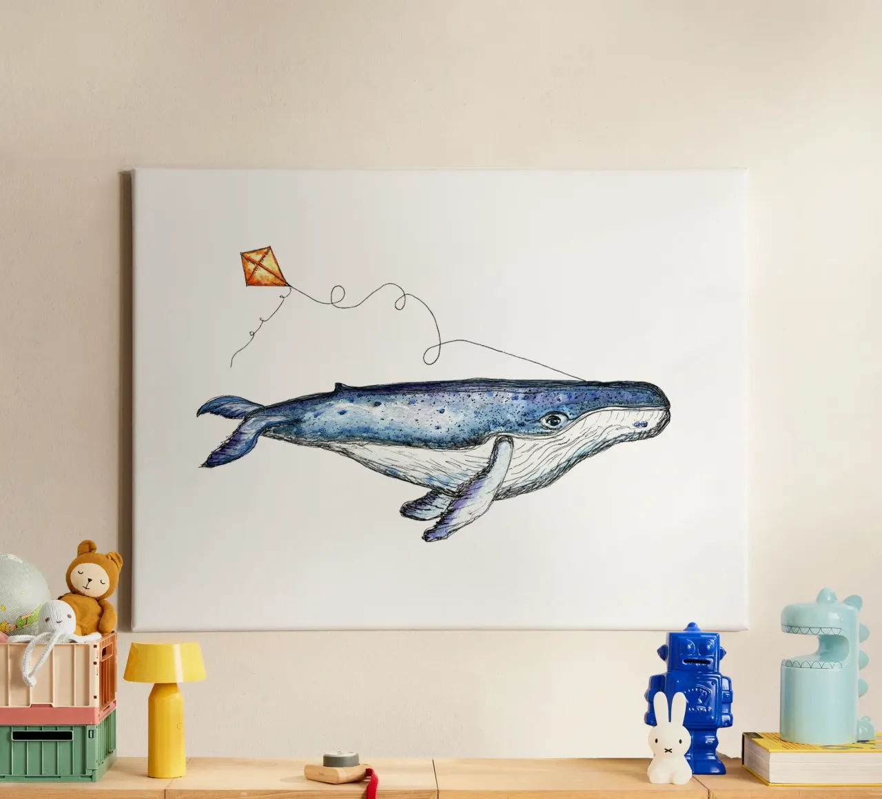 Playing Whale canvas with Floater frame by Illustration Raissa Oltmanns
