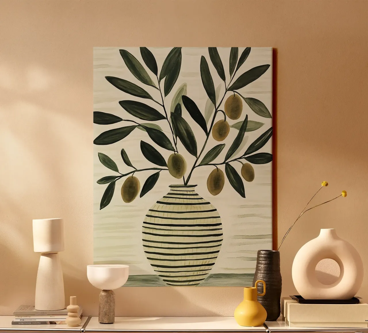 Olijftak in vaas canvas met Baklijst van IamHomeStudio