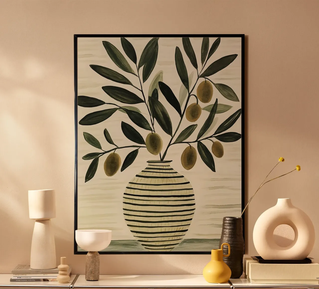 Olivenzweig in Vase Poster mit Holzrahmen von IamHomeStudio