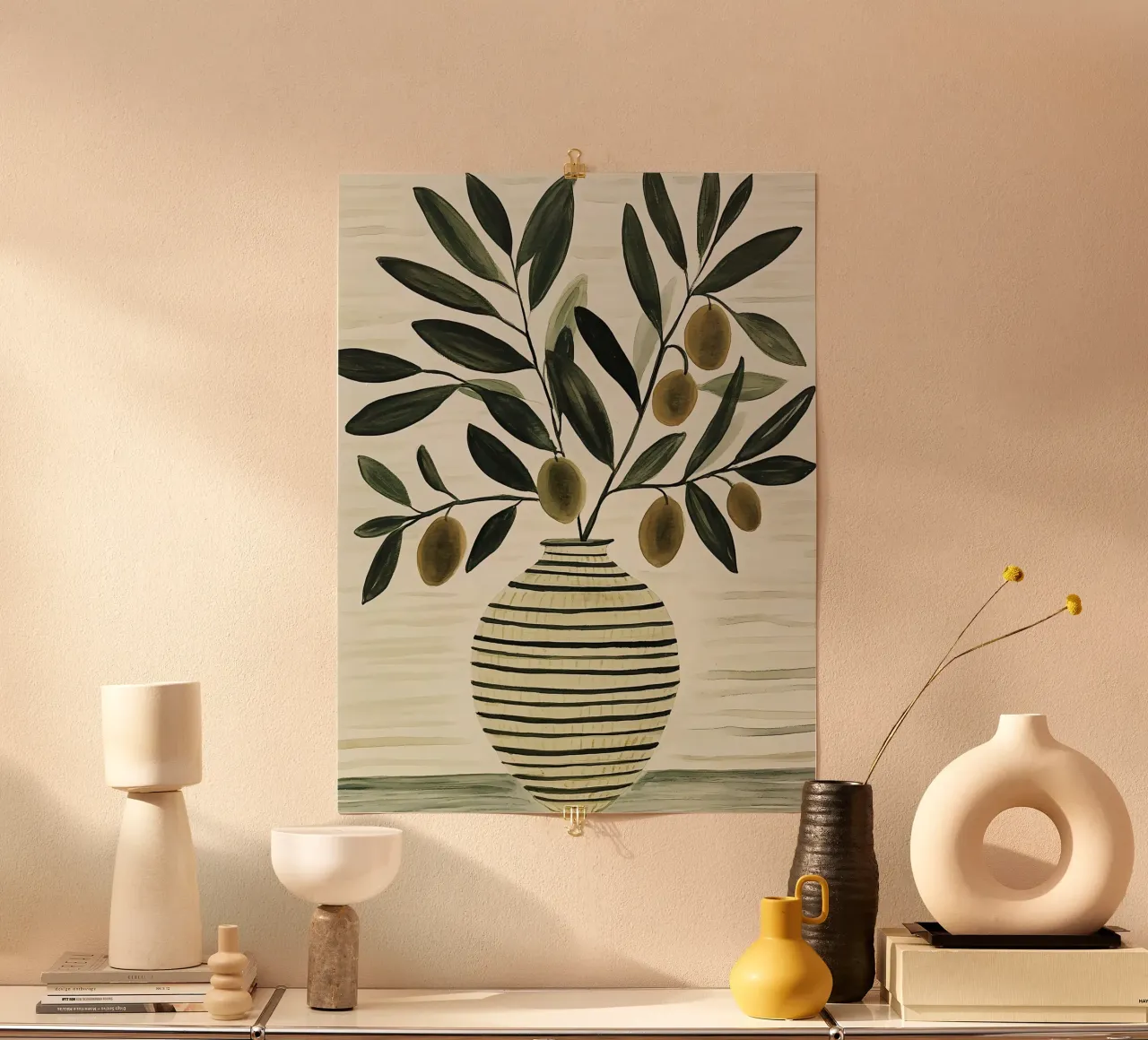 Olivenzweig in Vase Poster mit Holzrahmen von IamHomeStudio