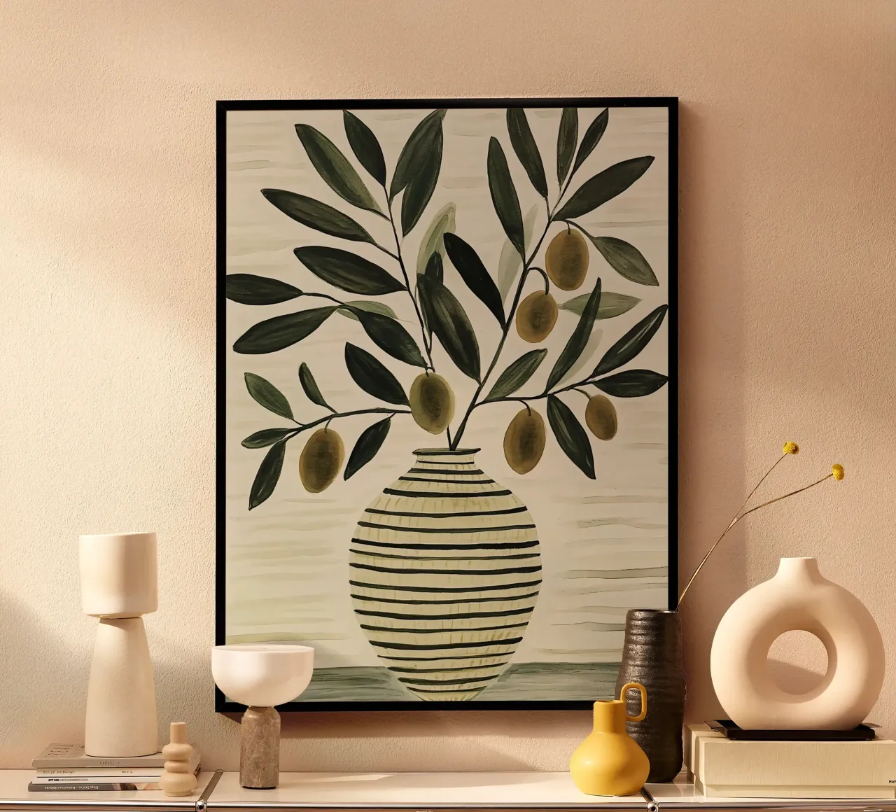 Olivenzweig in Vase Poster mit Holzrahmen von IamHomeStudio