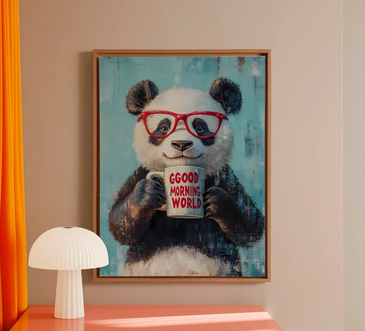 Panda con tazza tela con Cornice a cassetta da IamHomeStudio