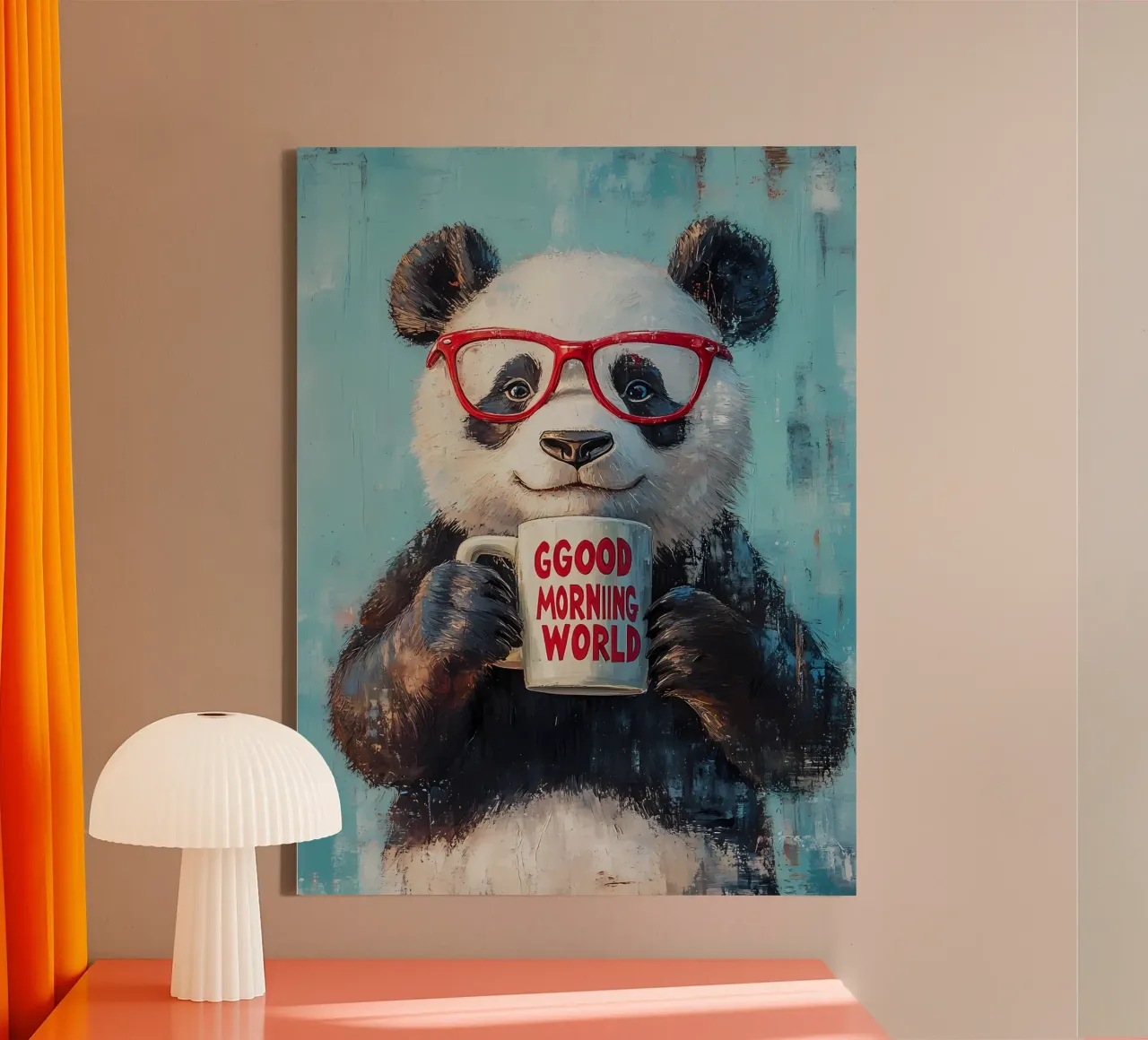 Panda con tazza tela con Cornice a cassetta da IamHomeStudio