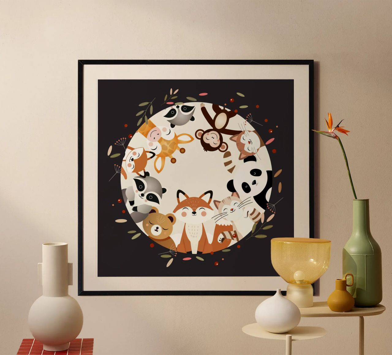 Des amis animaux joyeux dans un design circulaire hahnemühle de namosh