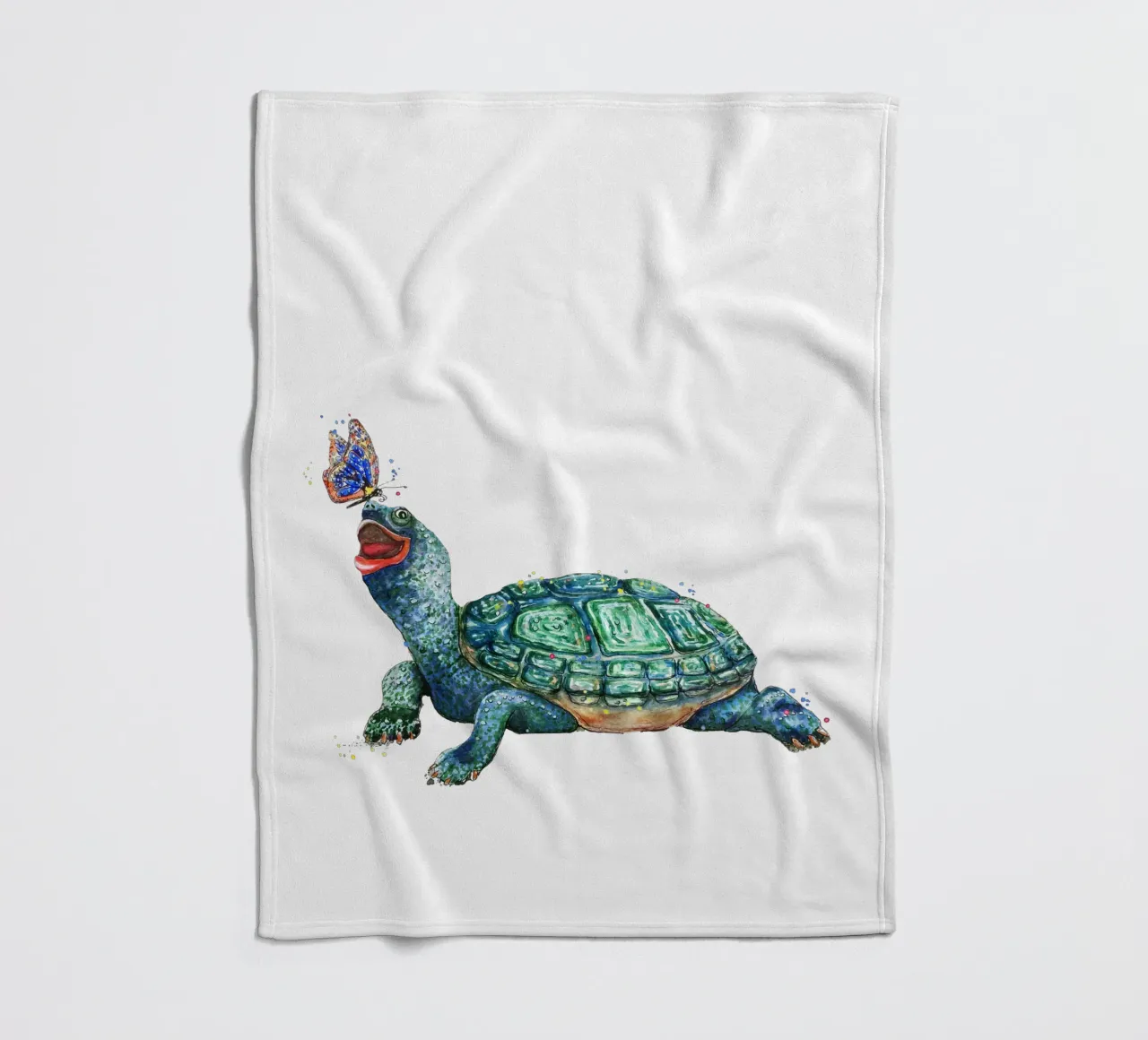 Turtle playing with a Butterfly fleece blanket by Illustration Raissa Oltmanns
