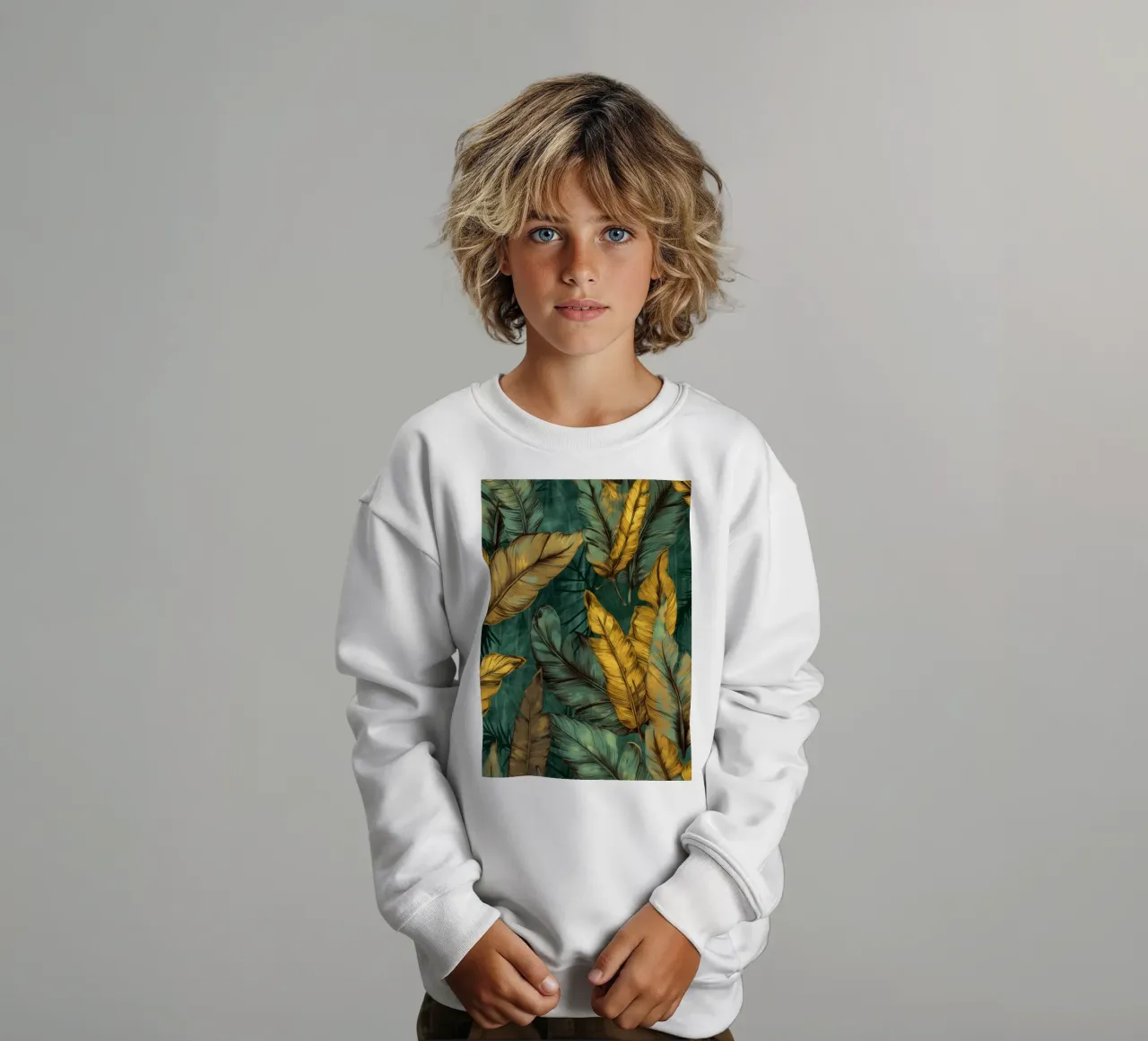 Banana leaves green and yellow kids sweatshirt by Justyna Jaszke JBJart